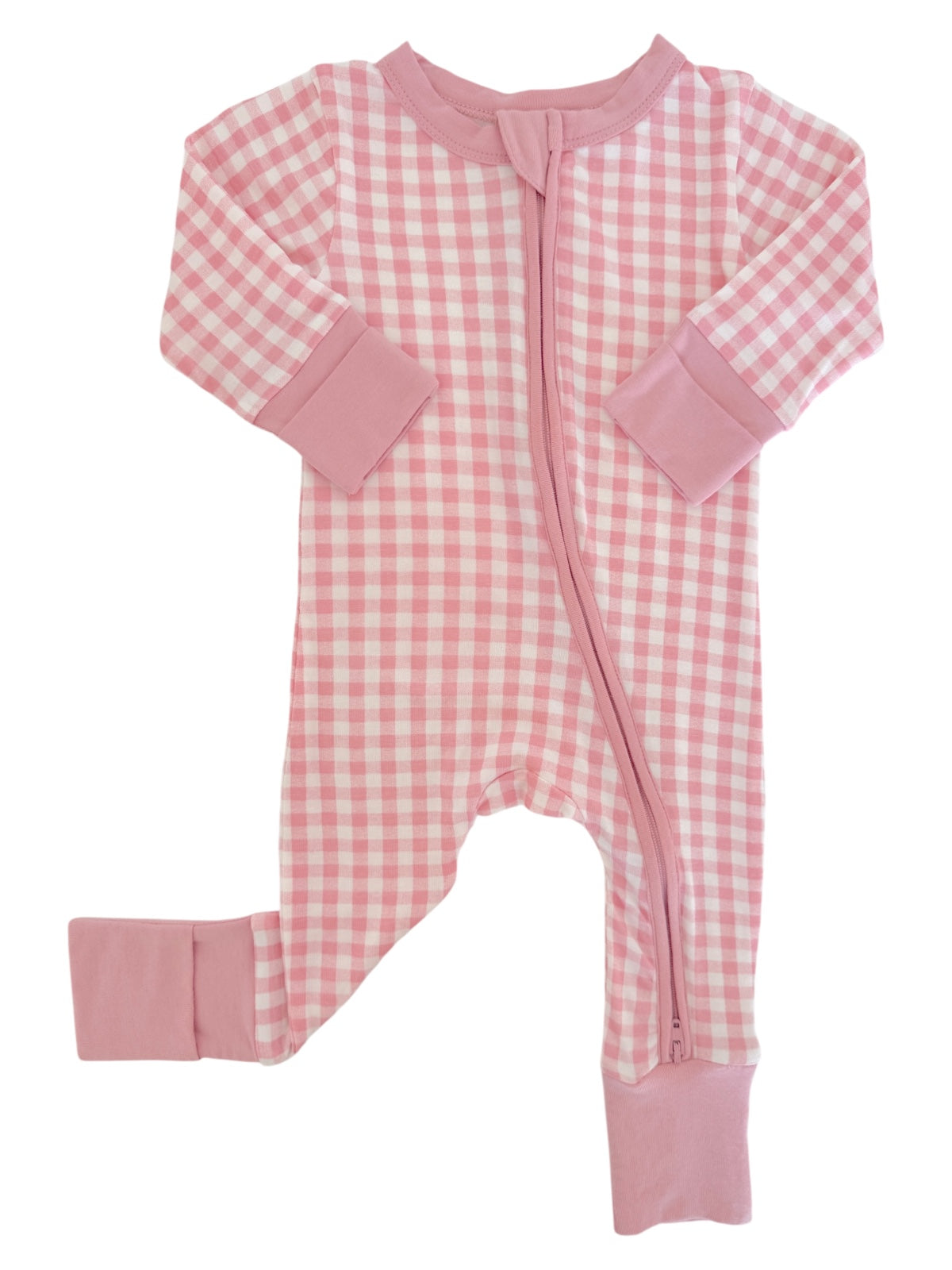 Pink checkered baby onesie with long sleeves and a front zipper design.