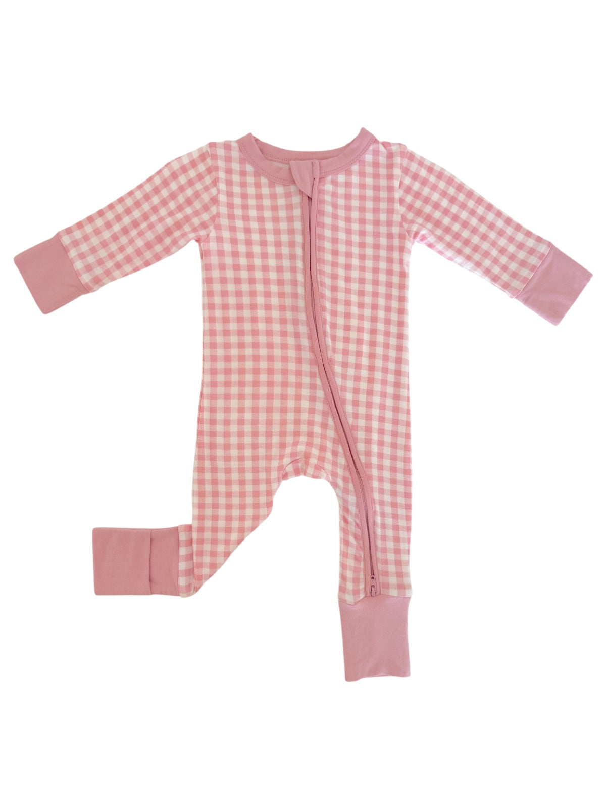 Pink checked baby onesie with long sleeves and a front zipper, ideal for comfortable sleep.