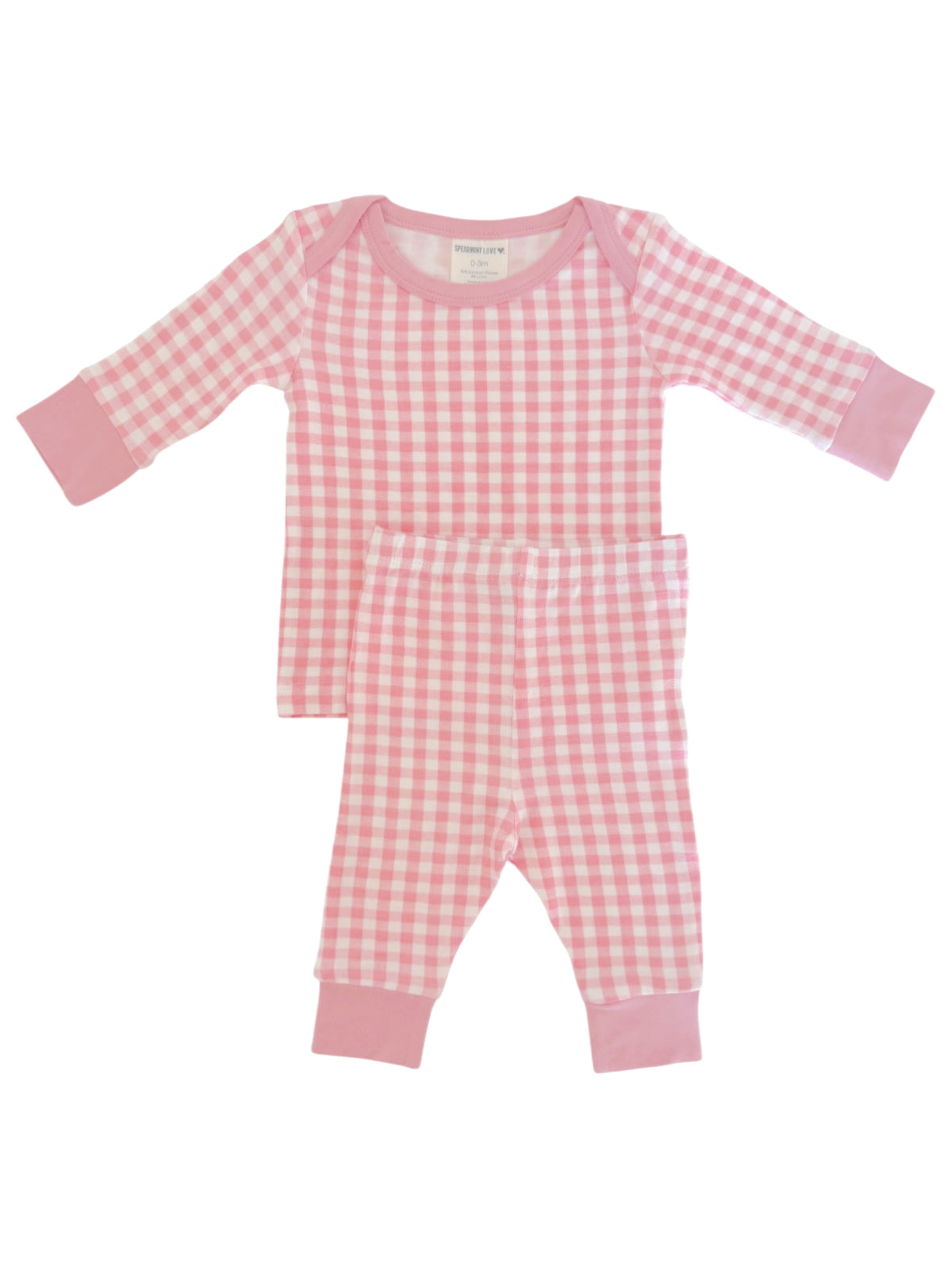 Pink gingham check infant pajamas set with long sleeves and pants featuring soft cuffs.