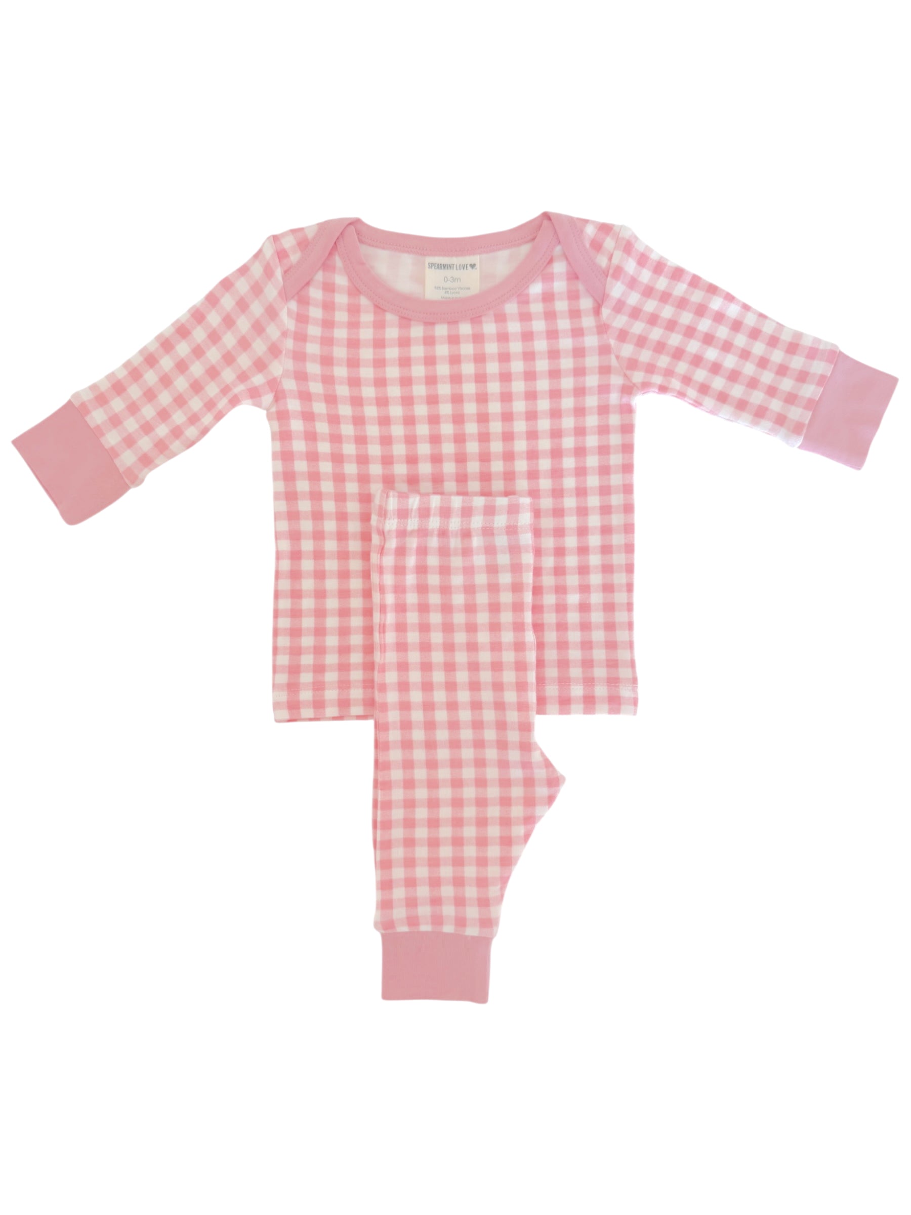 Pink gingham pajama set featuring long sleeves and matching pants, perfect for cozy nights.