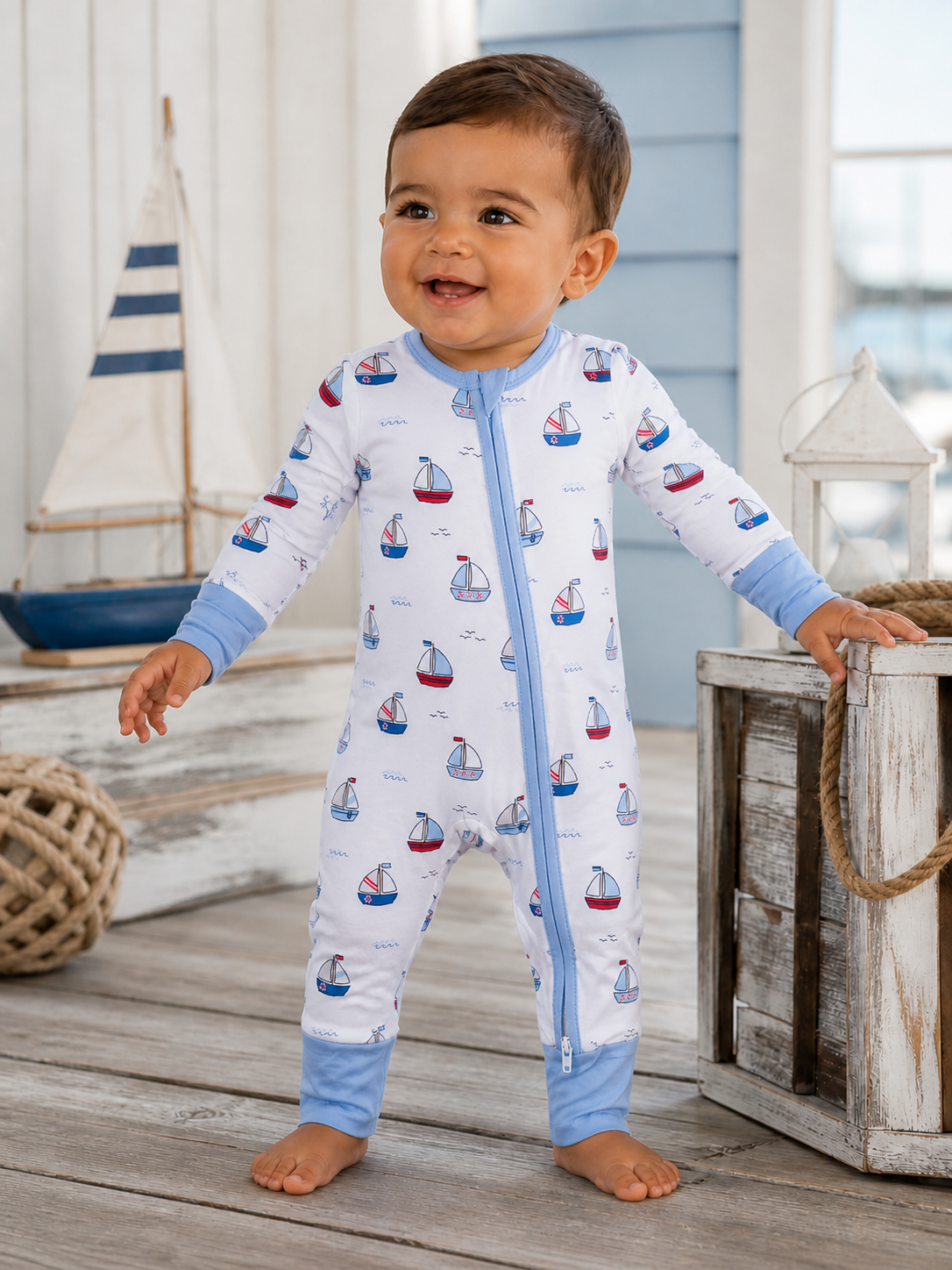 Happy toddler in a boat-patterned pajama, standing on wooden floor near toys and decor in a bright, airy room.