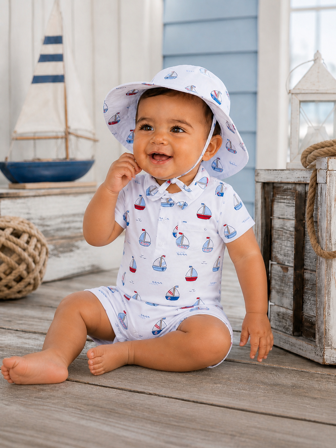 Smiling baby in a sailboat-patterned outfit and sun hat, sitting on wooden deck with nautical decor.