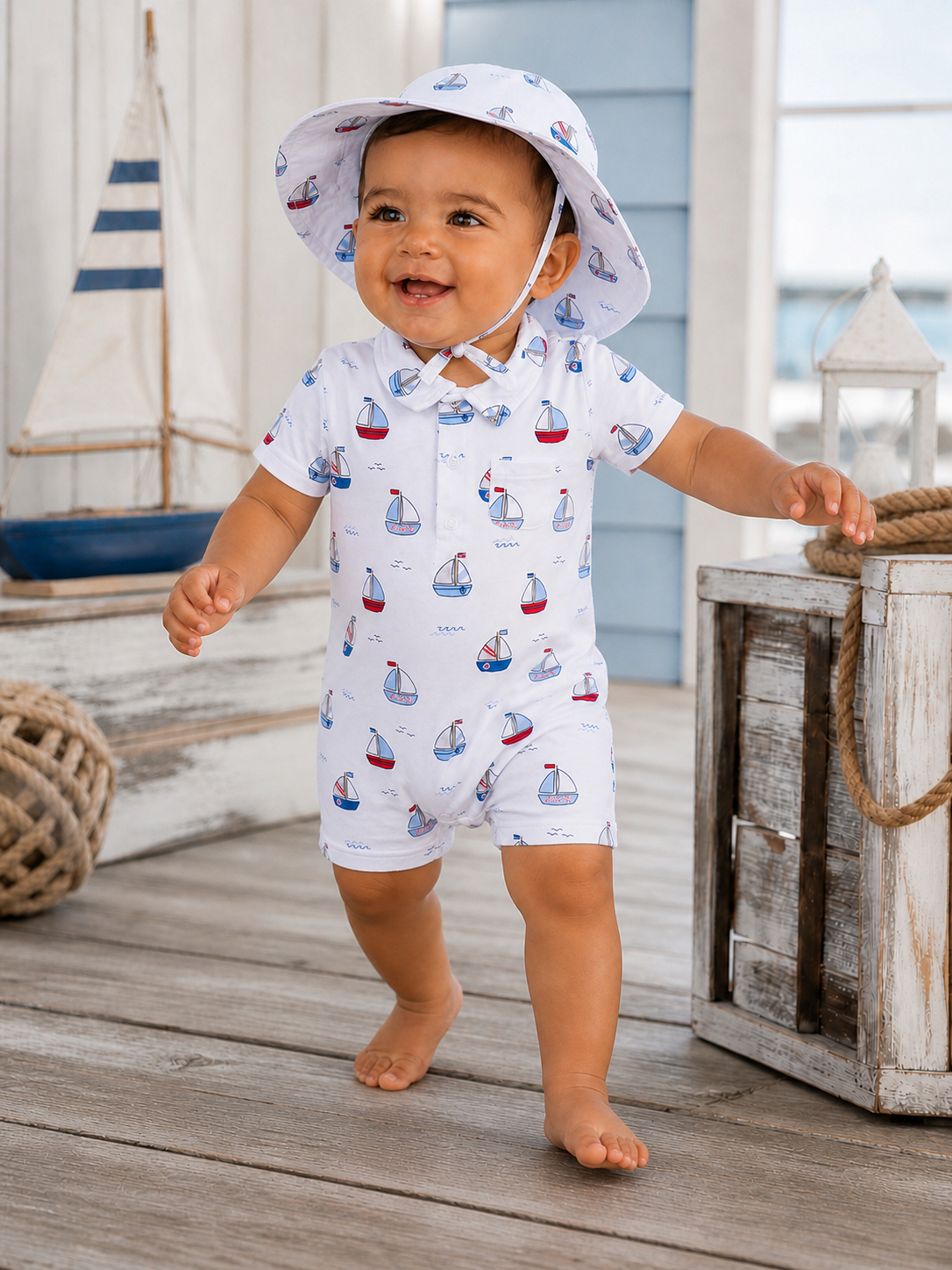 Smiling toddler in a sailboat-patterned outfit and hat, walking on a wooden deck near decorative nautical items.