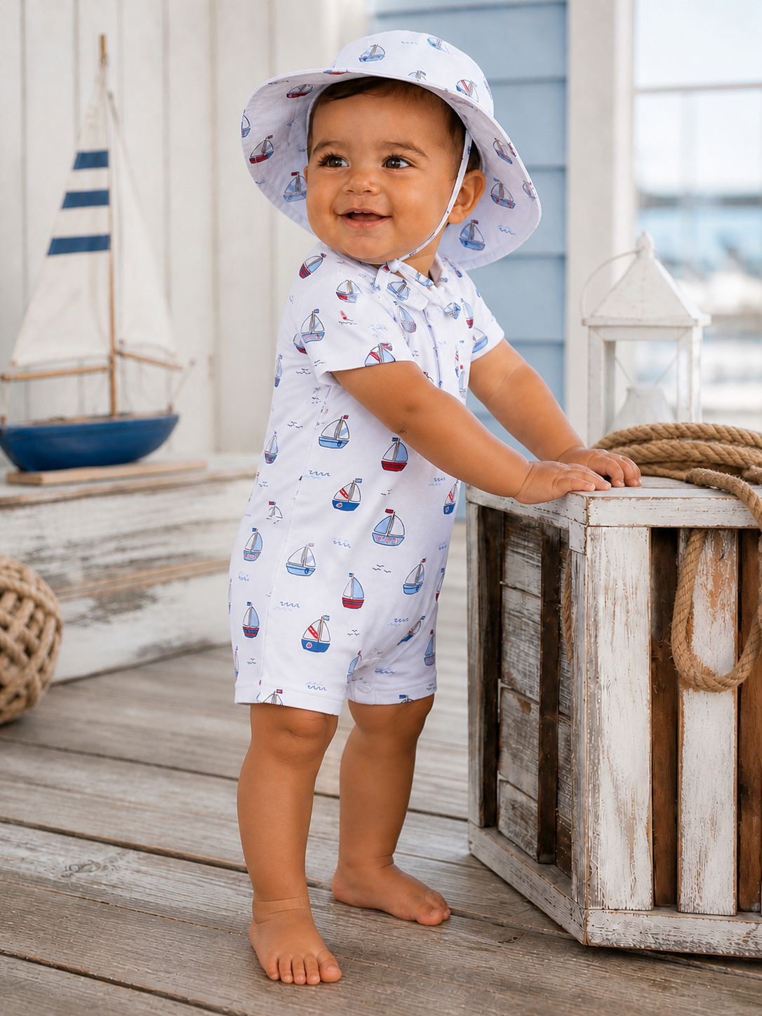 Smiling baby in a nautical-themed outfit and hat, standing beside a wooden crate and boat decor.