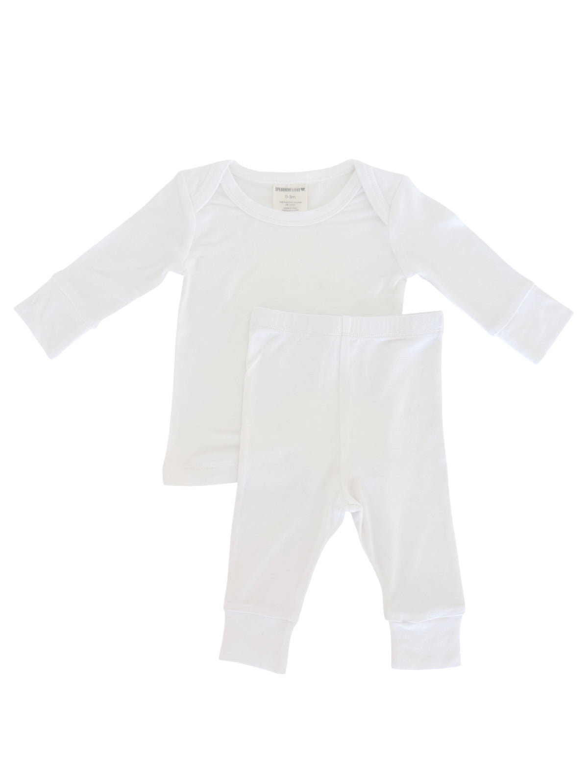 White baby outfit consisting of a long-sleeve shirt and matching pants. Soft cotton fabric for comfort.