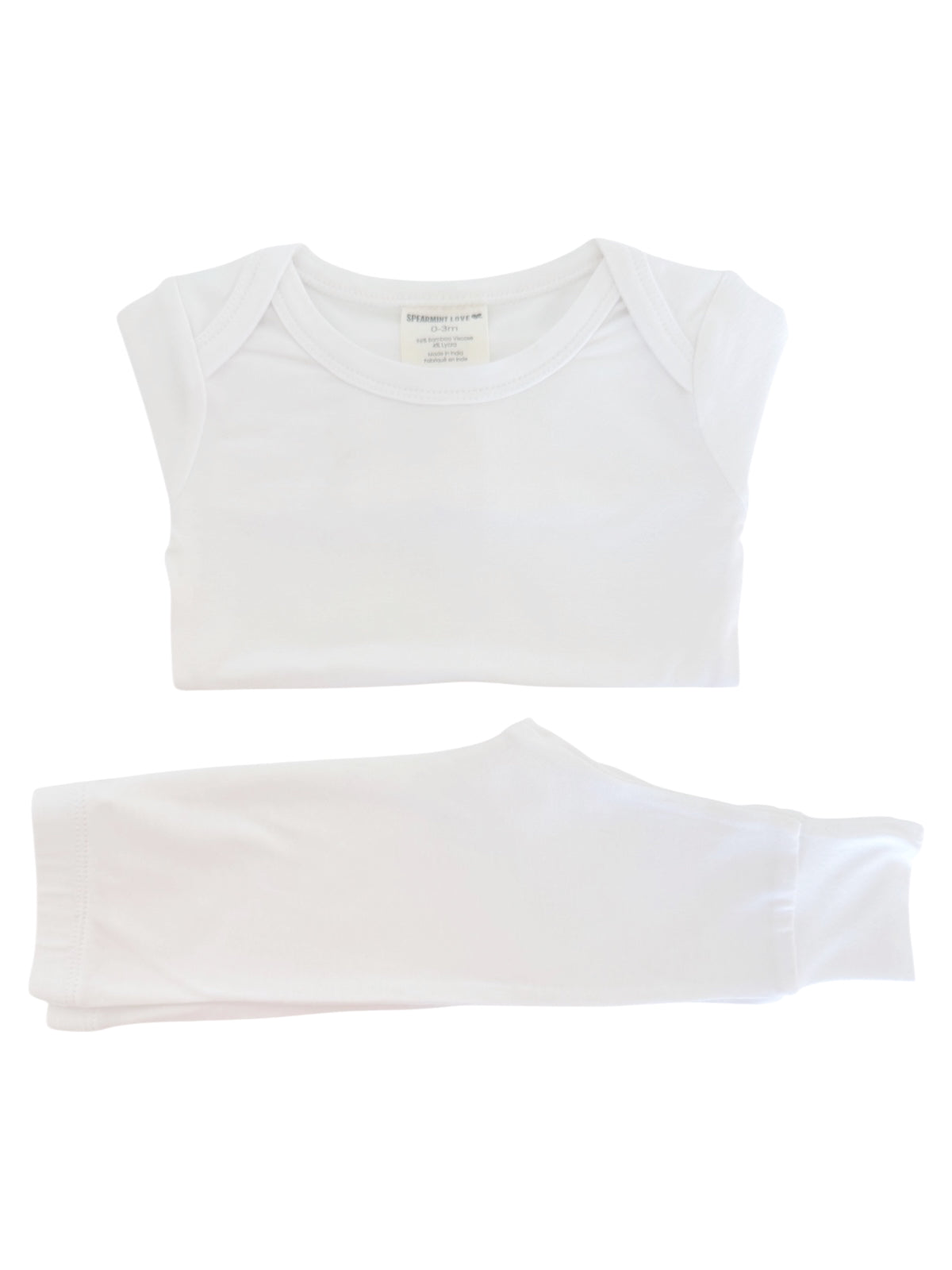 White long-sleeve shirt with matching pants, made of soft, breathable fabric for comfort.