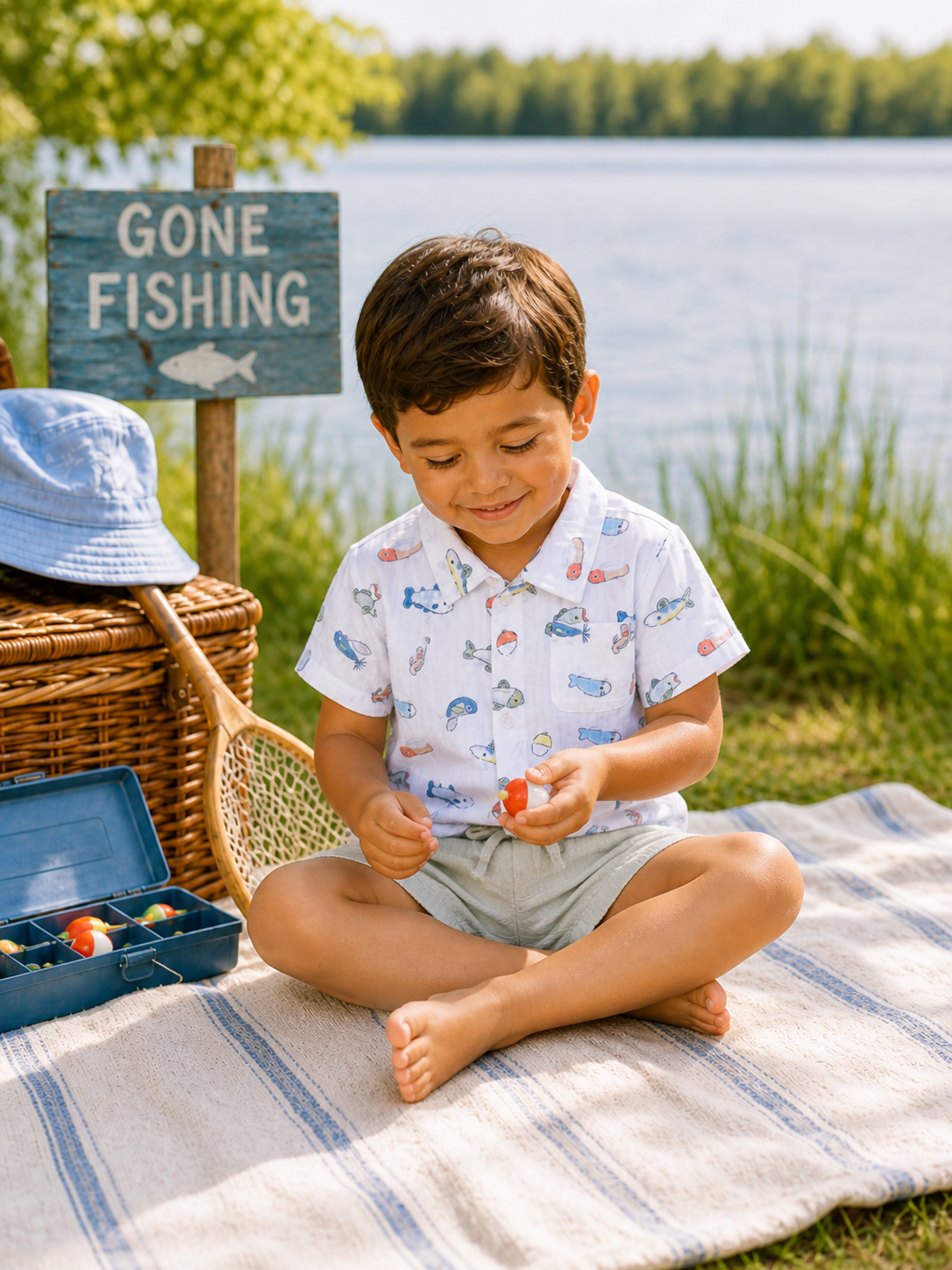 A young boy sits on a blanket by a lake, holding a fishing lure, with a "Gone Fishing" sign nearby.