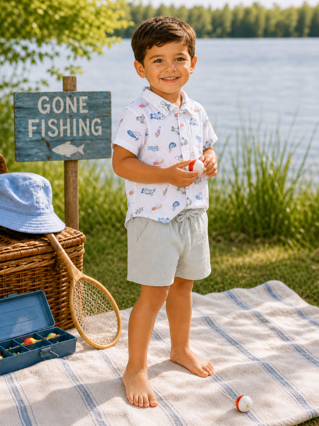 Smiling child in a fishing scene, wearing a colorful shirt and shorts, holding a fishing bobber by a lake.