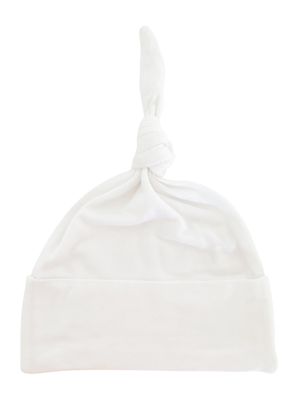 White baby hat with a knotted top and folded cuff, made of soft fabric.