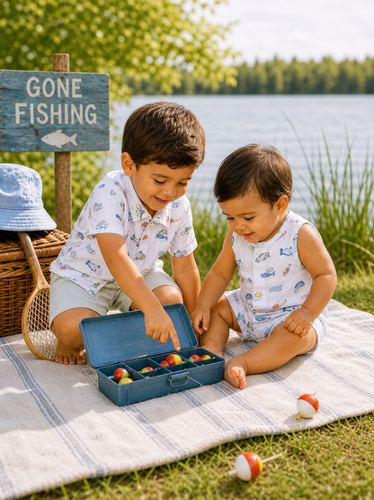 Two young boys play with colorful toy fishing supplies near a "Gone Fishing" sign by a lake.