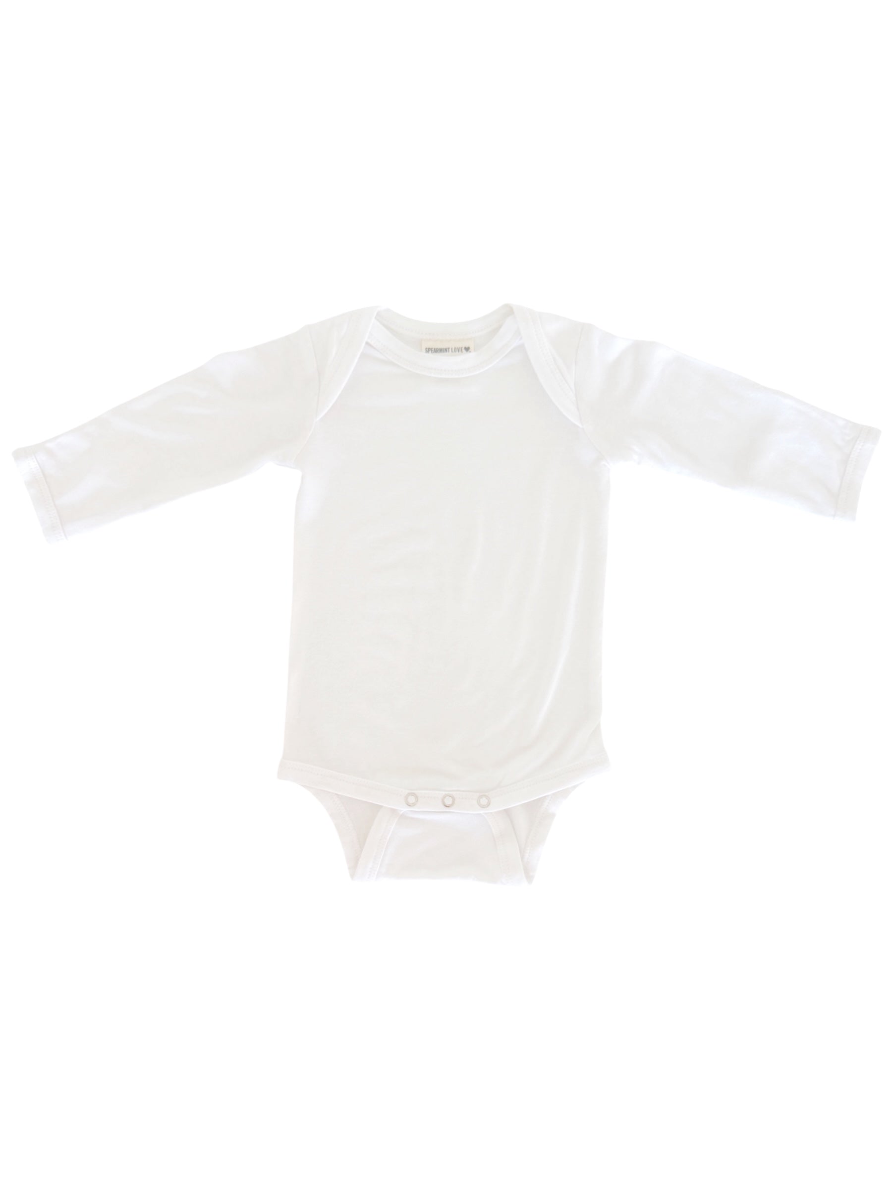 White long-sleeve bodysuit for infants, featuring snaps at the bottom for easy changing.