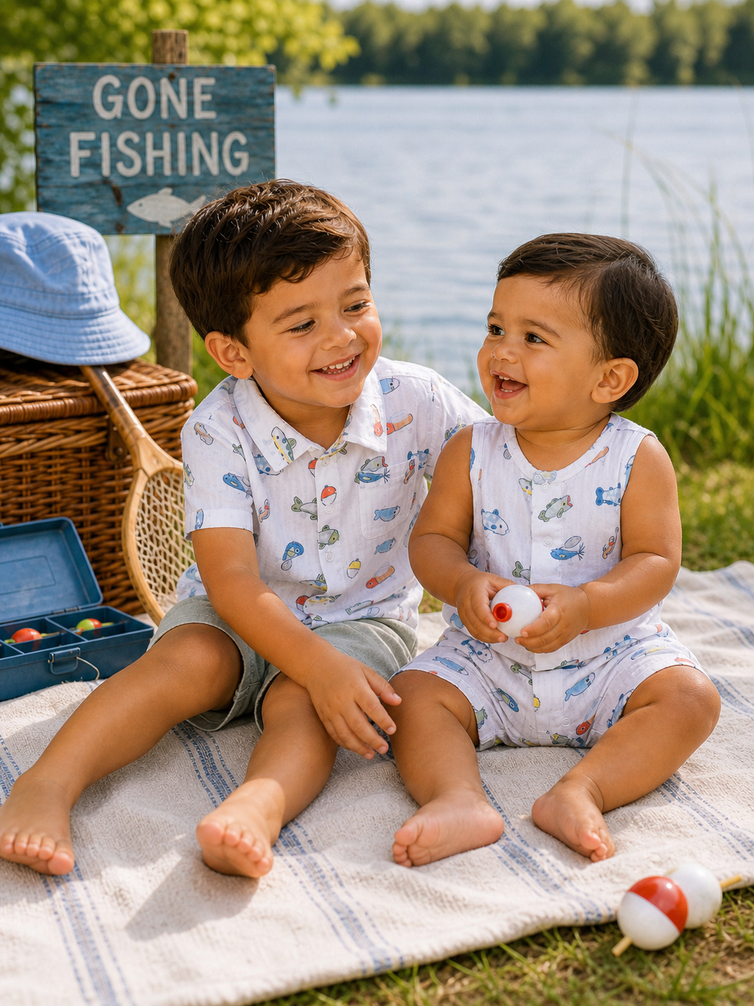 Two young boys sitting on a blanket by a lake with fishing gear, smiling and enjoying time together.
