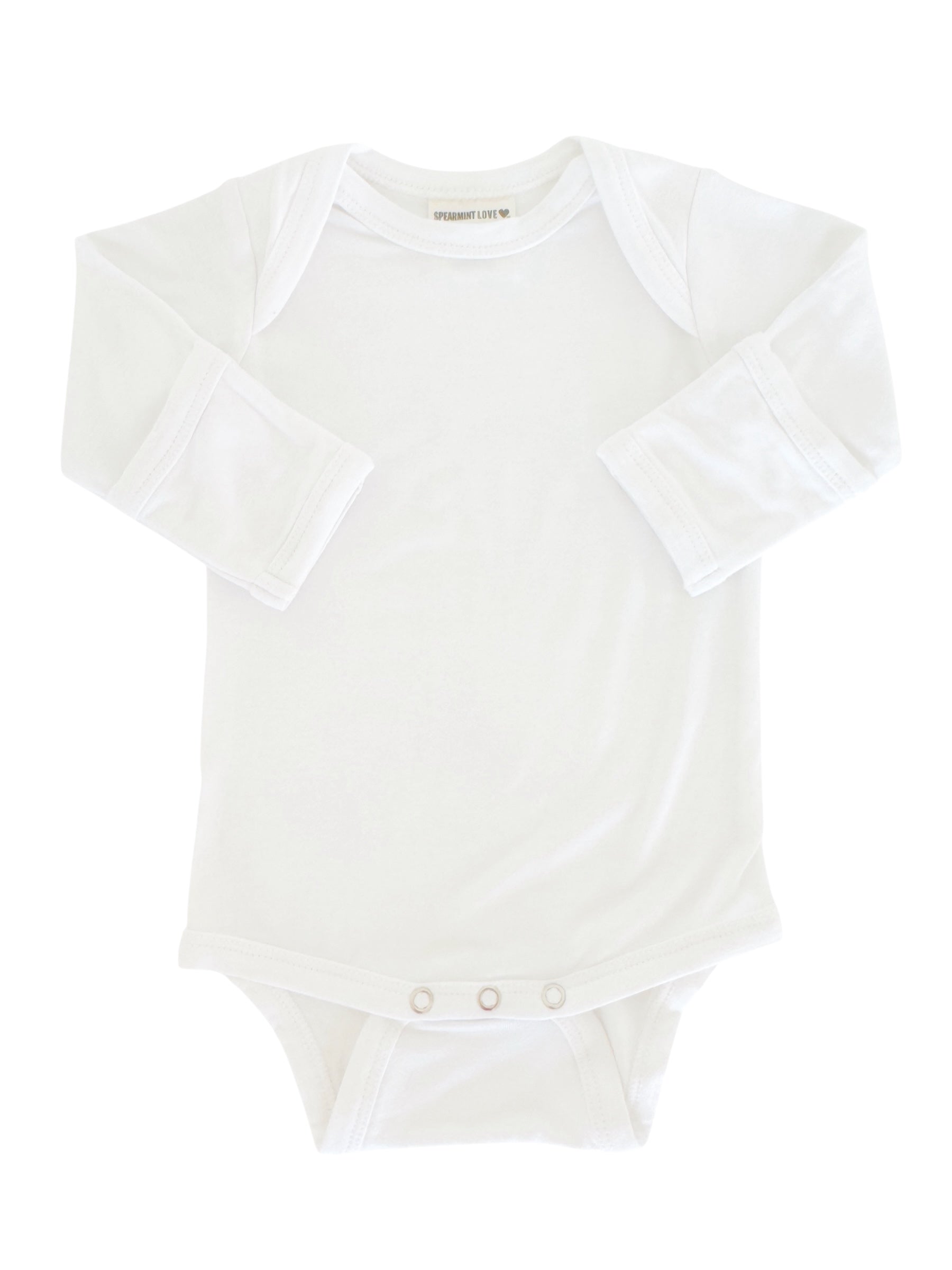 White long-sleeve baby onesie with snap buttons at the bottom, soft cotton fabric.