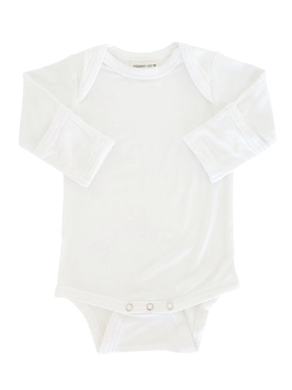 White long-sleeve baby onesie with snap buttons at the bottom, soft cotton fabric.