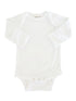 White long-sleeve baby onesie with snap buttons at the bottom, soft cotton fabric.