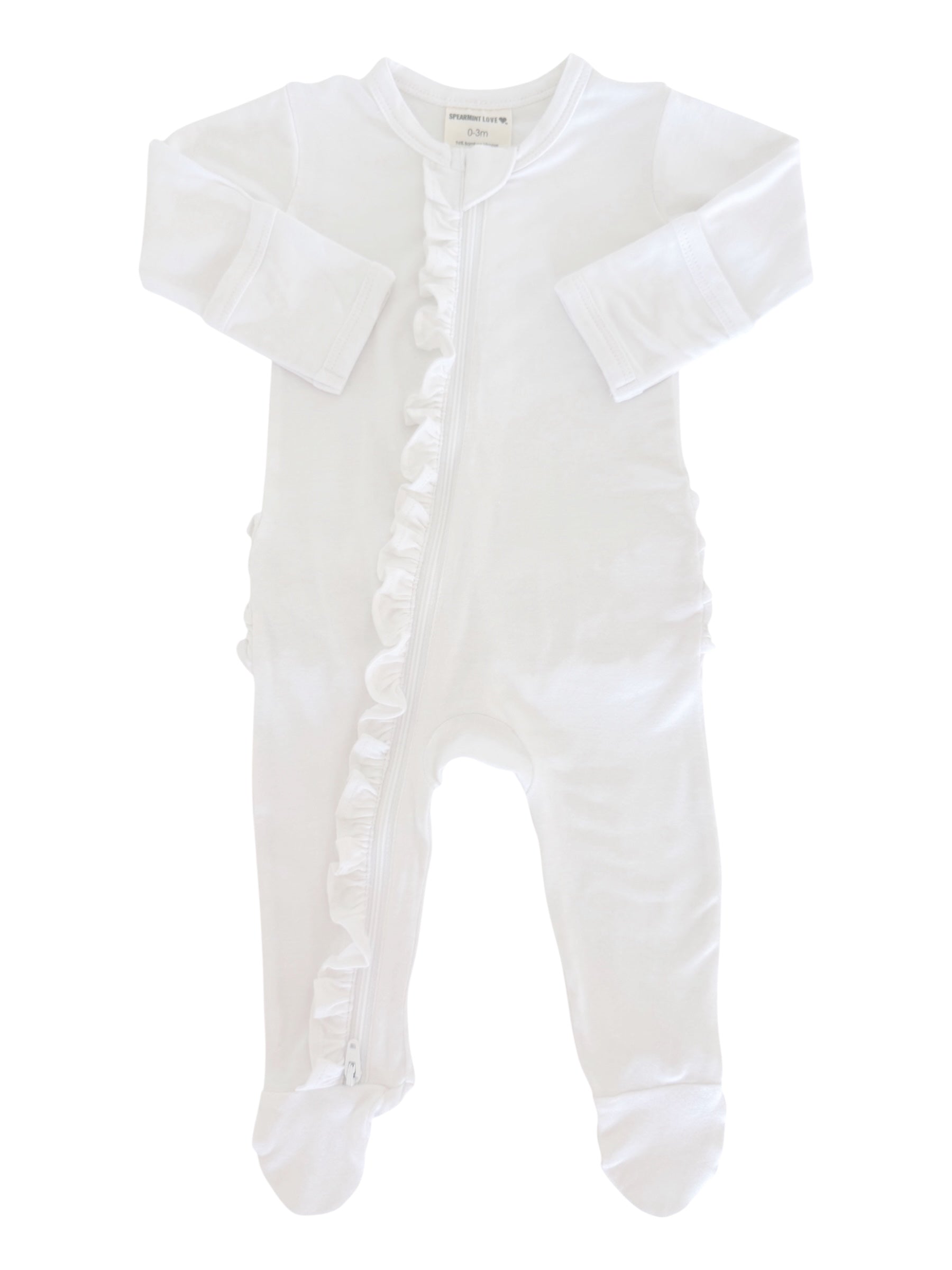White baby onesie with full zip and ruffled details, suitable for infants sizes 0-3 months.