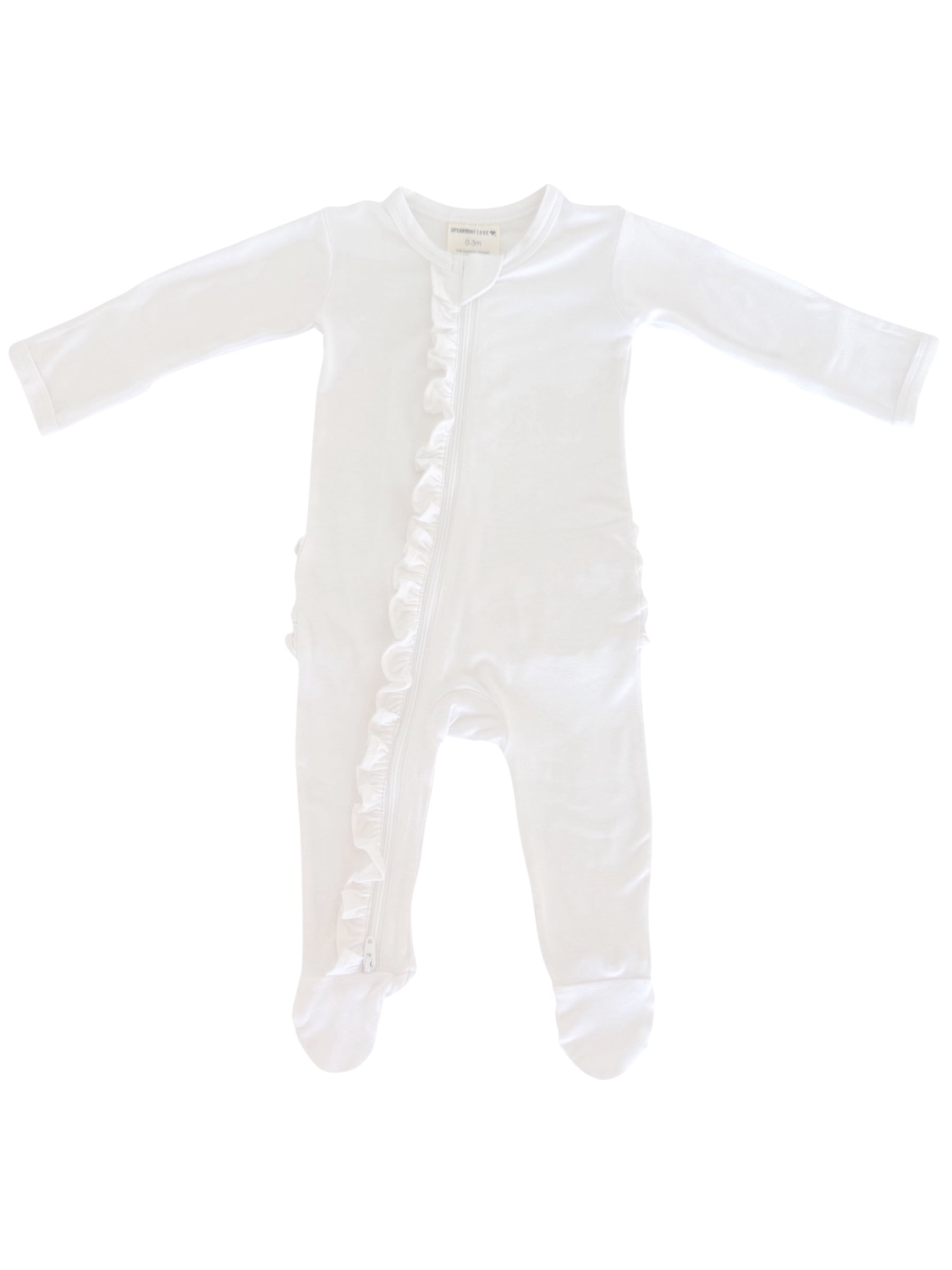 White baby onesie with long sleeves and a ruffled zipper detail down the front.