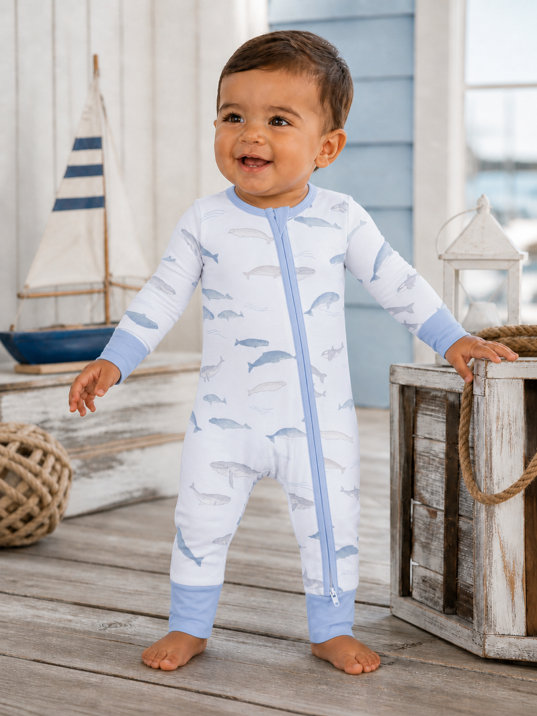 Smiling baby in whale-patterned pajamas stands on wooden floor near a sailboat and decorative crates.