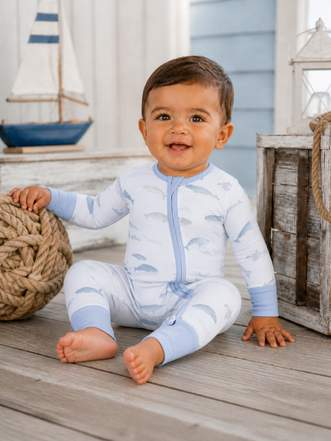Smiling baby in whale-patterned pajamas playing with a rope on wooden floor near nautical decor.