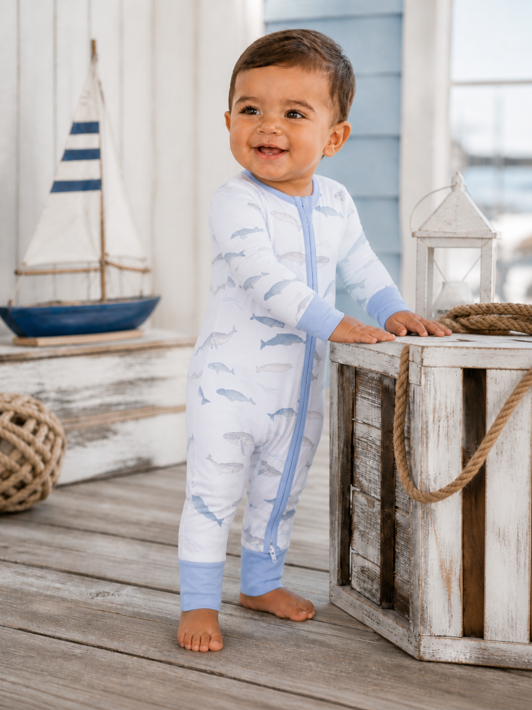 Smiling toddler in whale-patterned onesie, standing near a wooden crate and nautical decor.