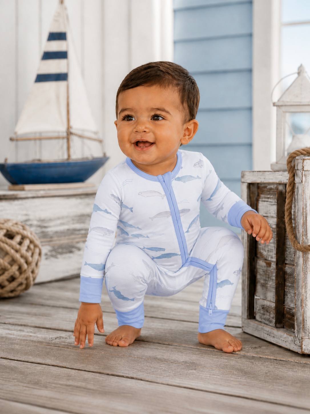 Smiling baby in whale-print onesie, sitting on wooden floor near nautical decor.