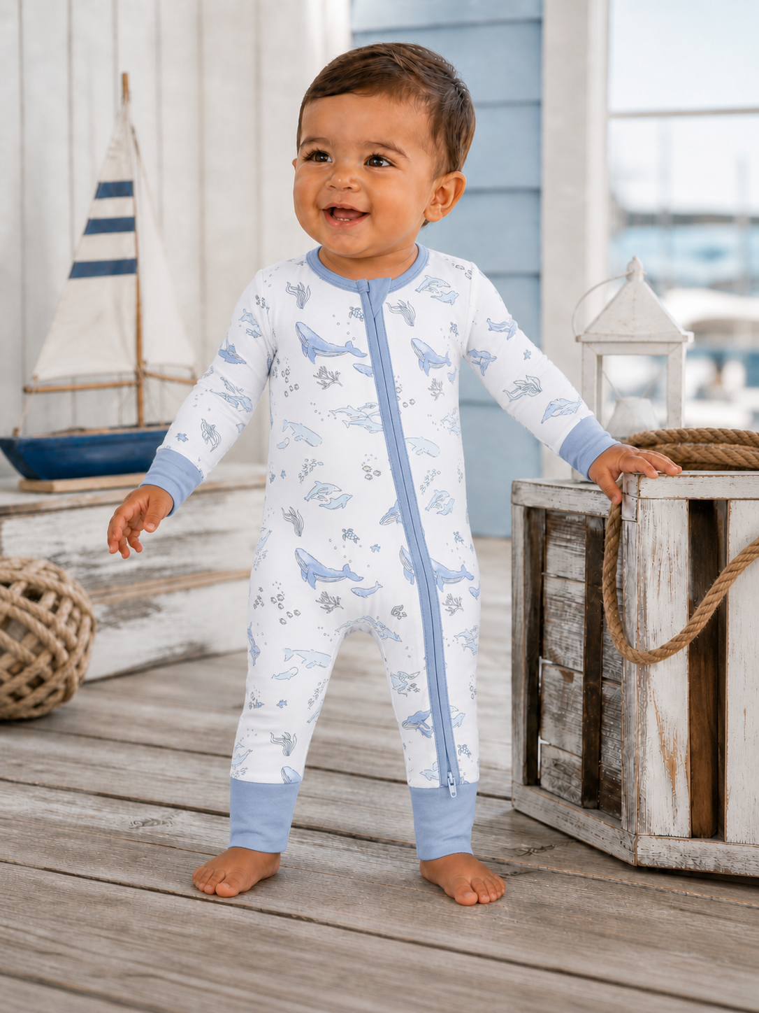 Smiling toddler in whale-patterned pajamas, standing on wooden floor with nautical decor.