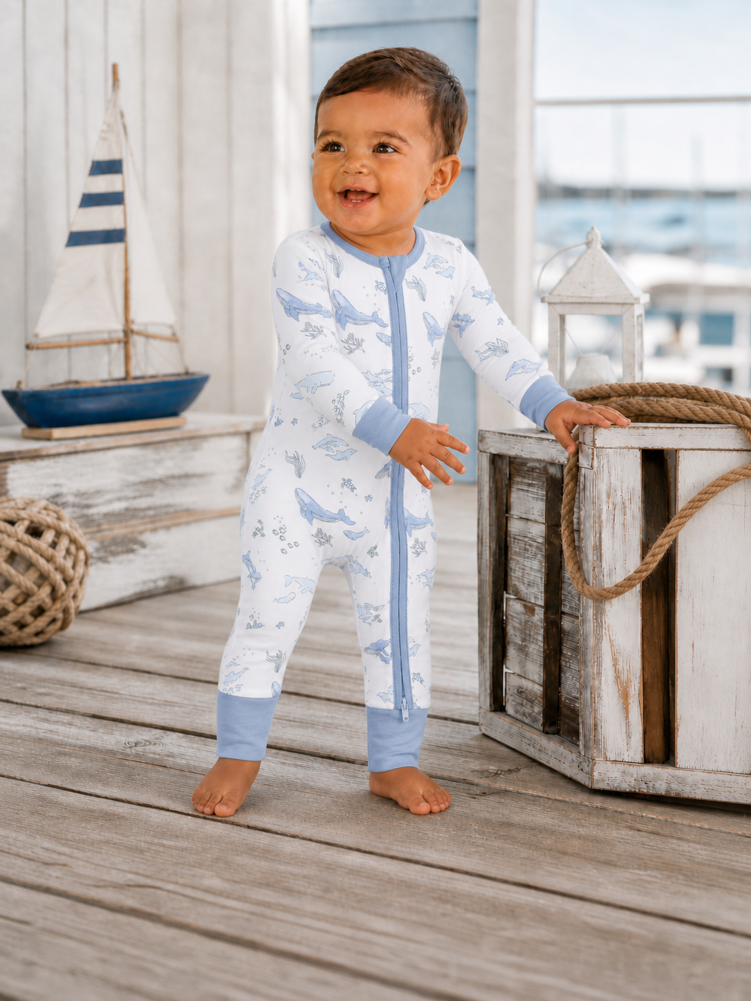 Smiling baby in whale-patterned pajamas, standing on wooden flooring near nautical decor.