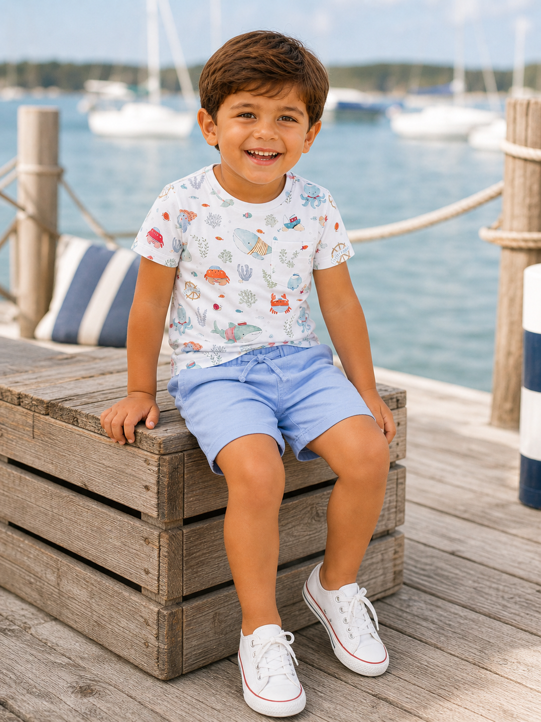 Smiling child in a colorful shirt and shorts sitting on wooden crate by a dock with boats in the background.