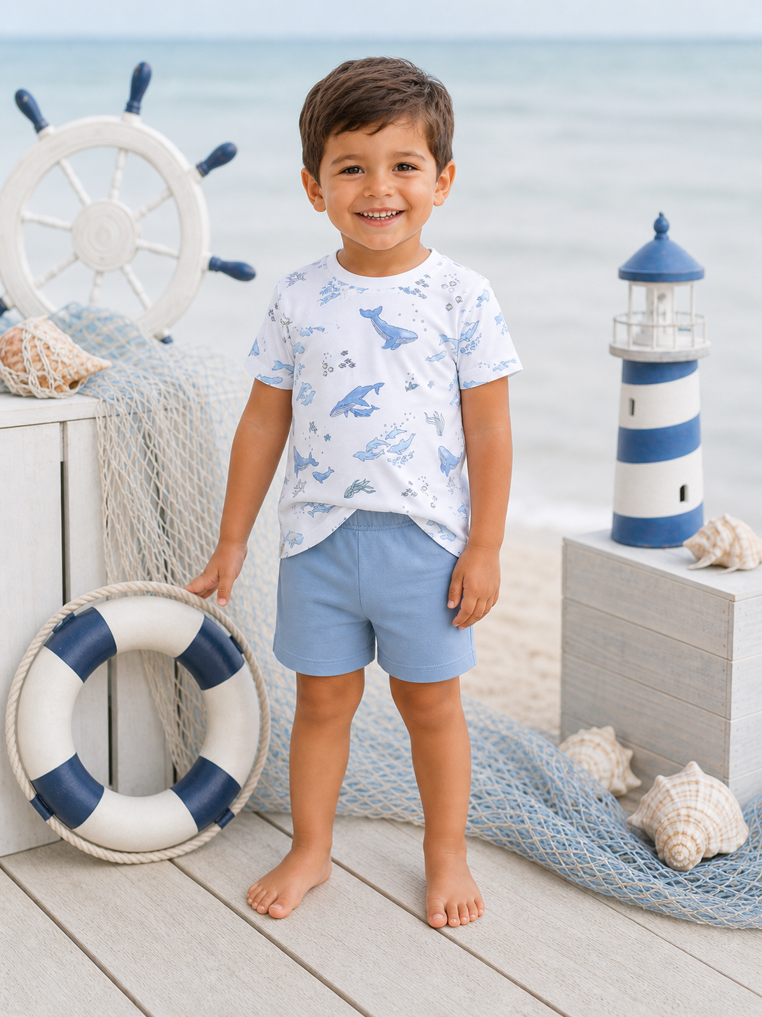 Smiling boy in beach attire stands near a lighthouse and lifebuoy, with ocean in the background.