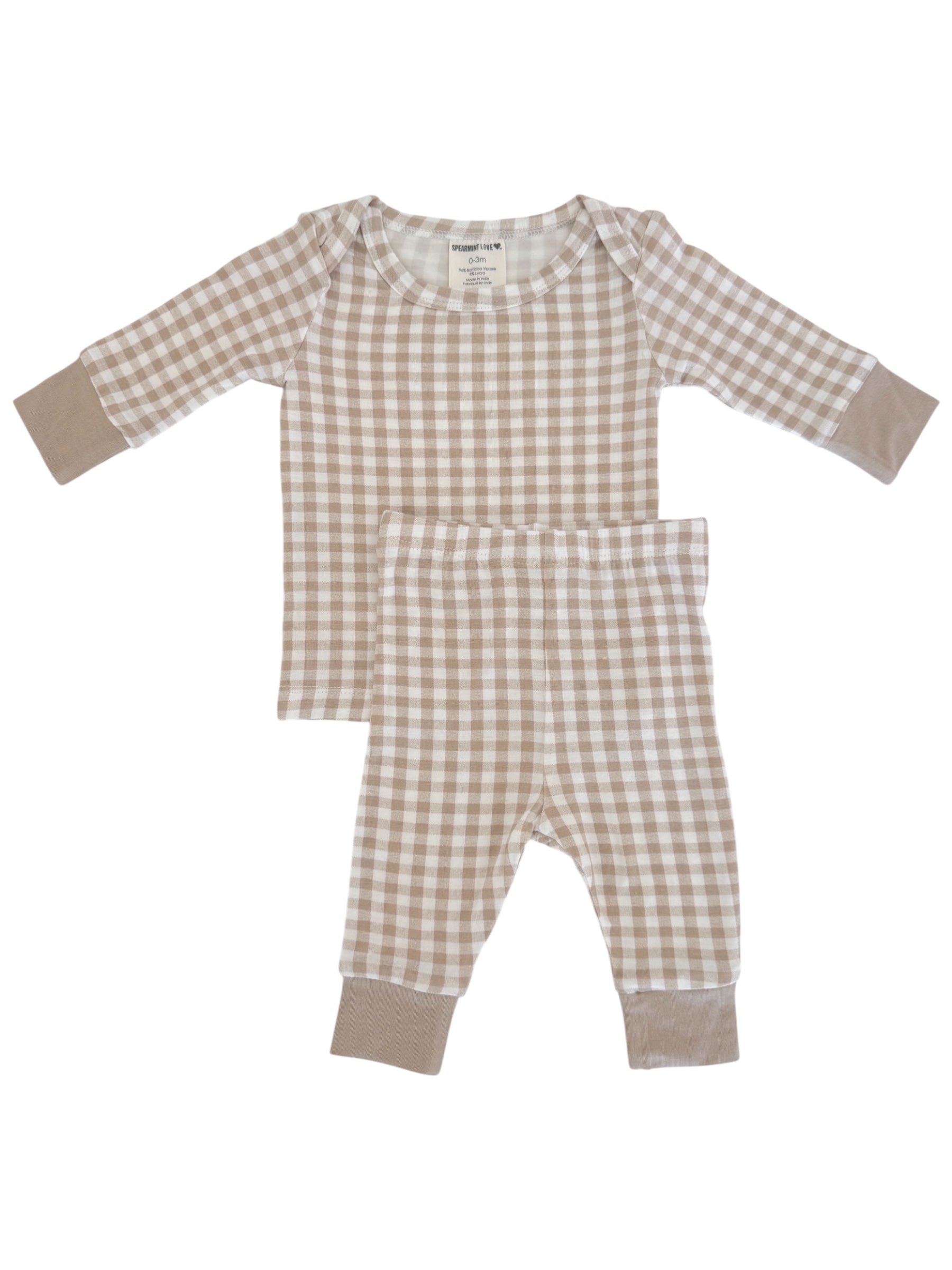 Light brown and cream checkered toddler pajamas set with long sleeves and pants.