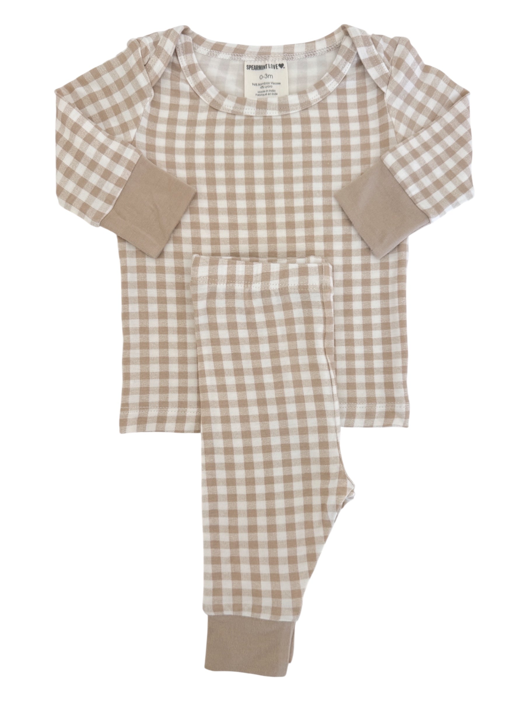 Beige and white checkered baby pajama set with long sleeves and pants, soft cotton fabric, size 0-3 months.