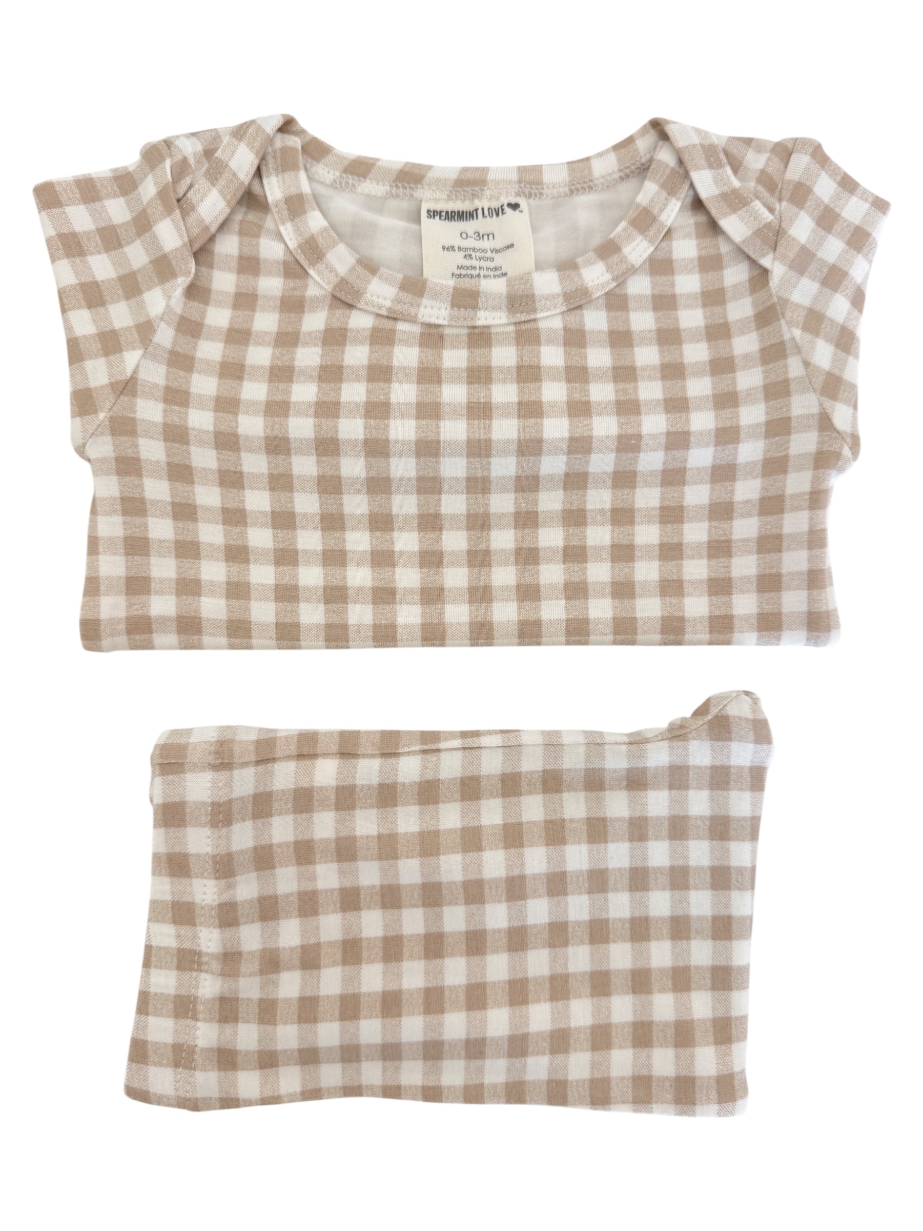Tan and white checkered baby outfit with matching headband, sized 0-3 months.
