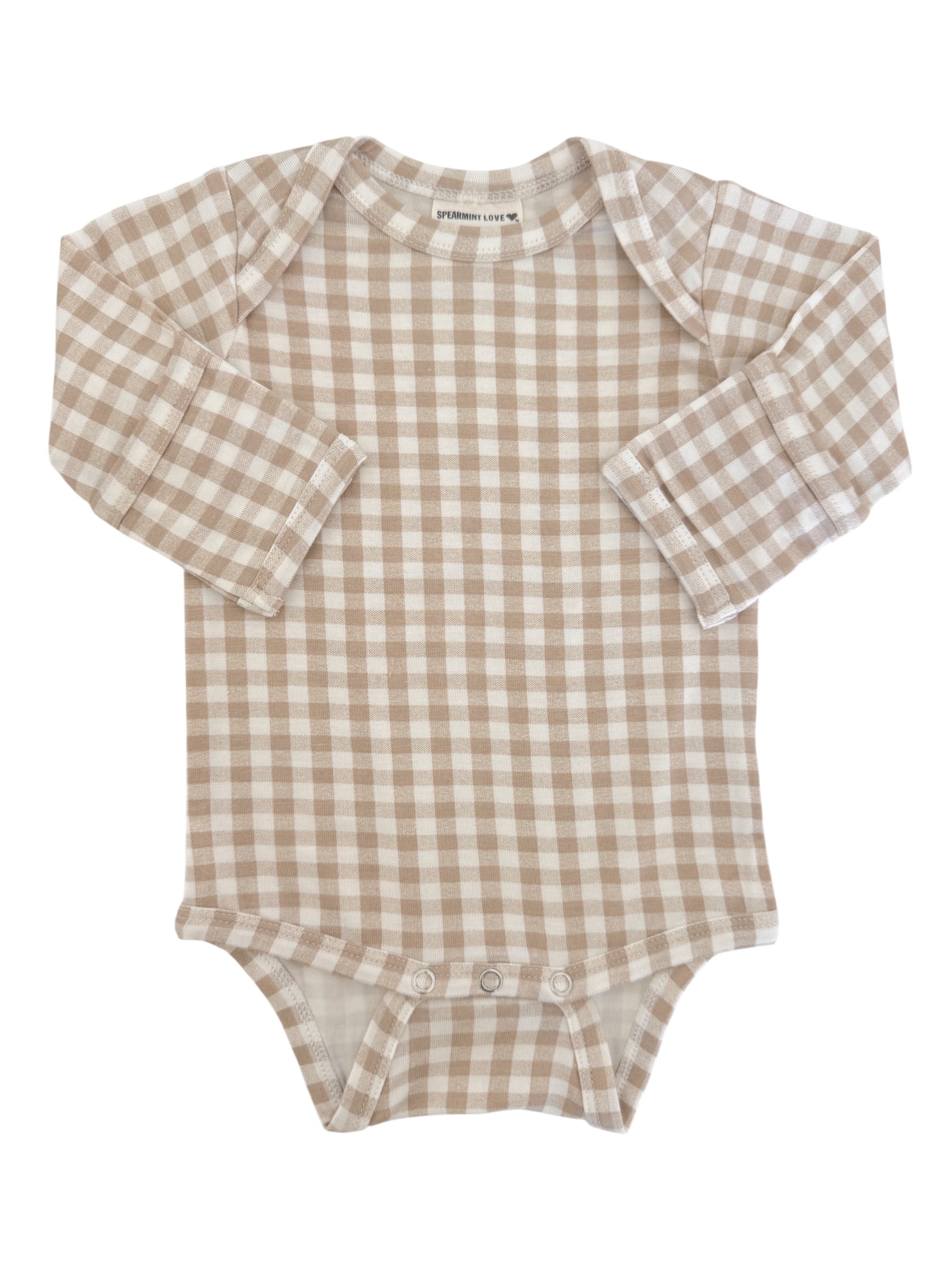 Beige and white checkered long-sleeve baby onesie with button snaps at the bottom.