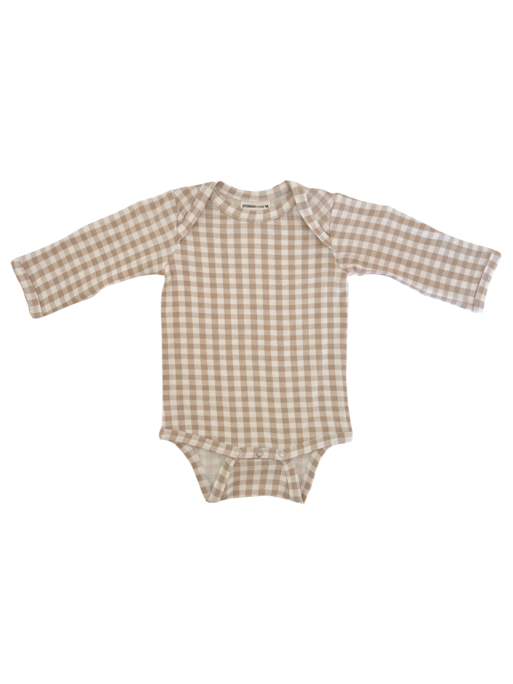 Brown and cream checkered baby onesie with long sleeves and snap closure at the bottom.