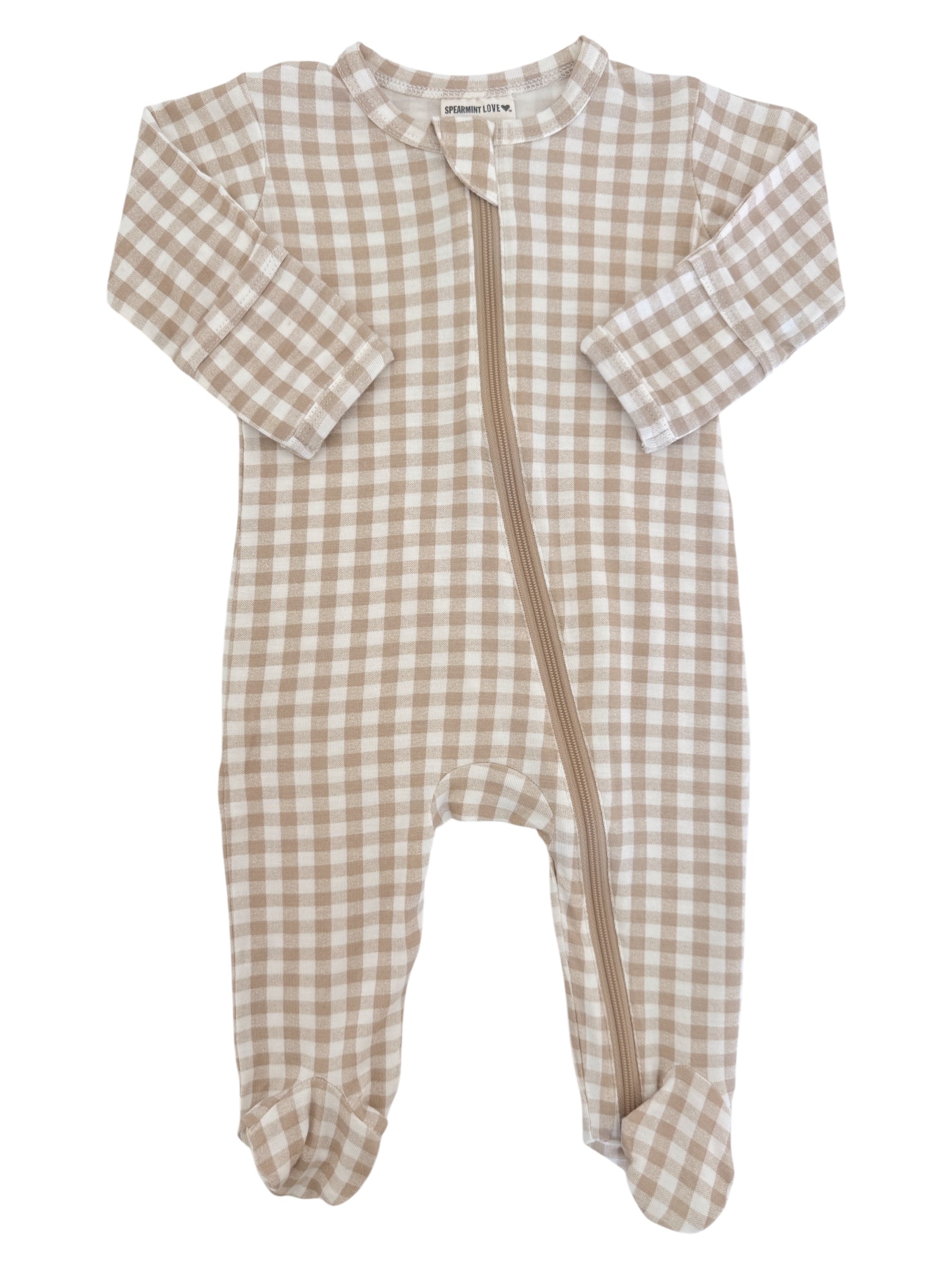 Tan and white gingham patterned baby onesie with long sleeves and a front zipper.