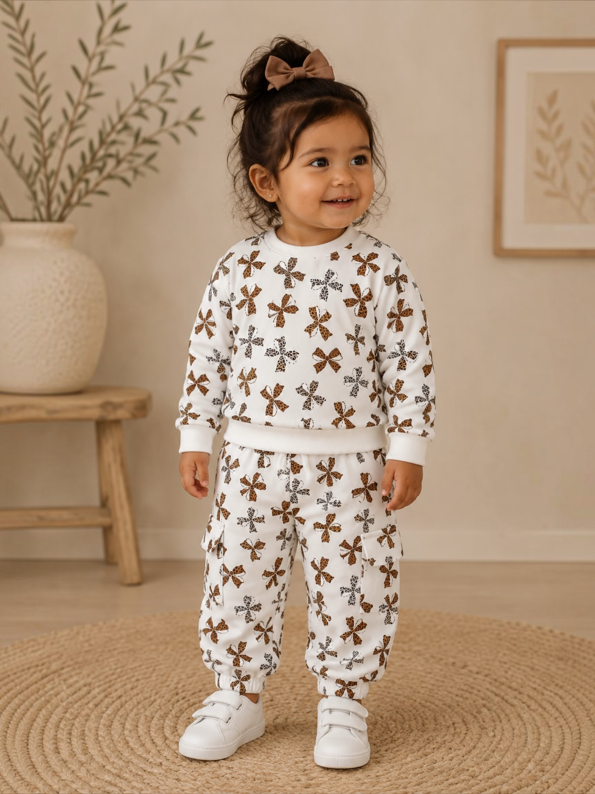 Toddler girl smiling in a floral print outfit with white sneakers, standing on a round rug in a cozy room.