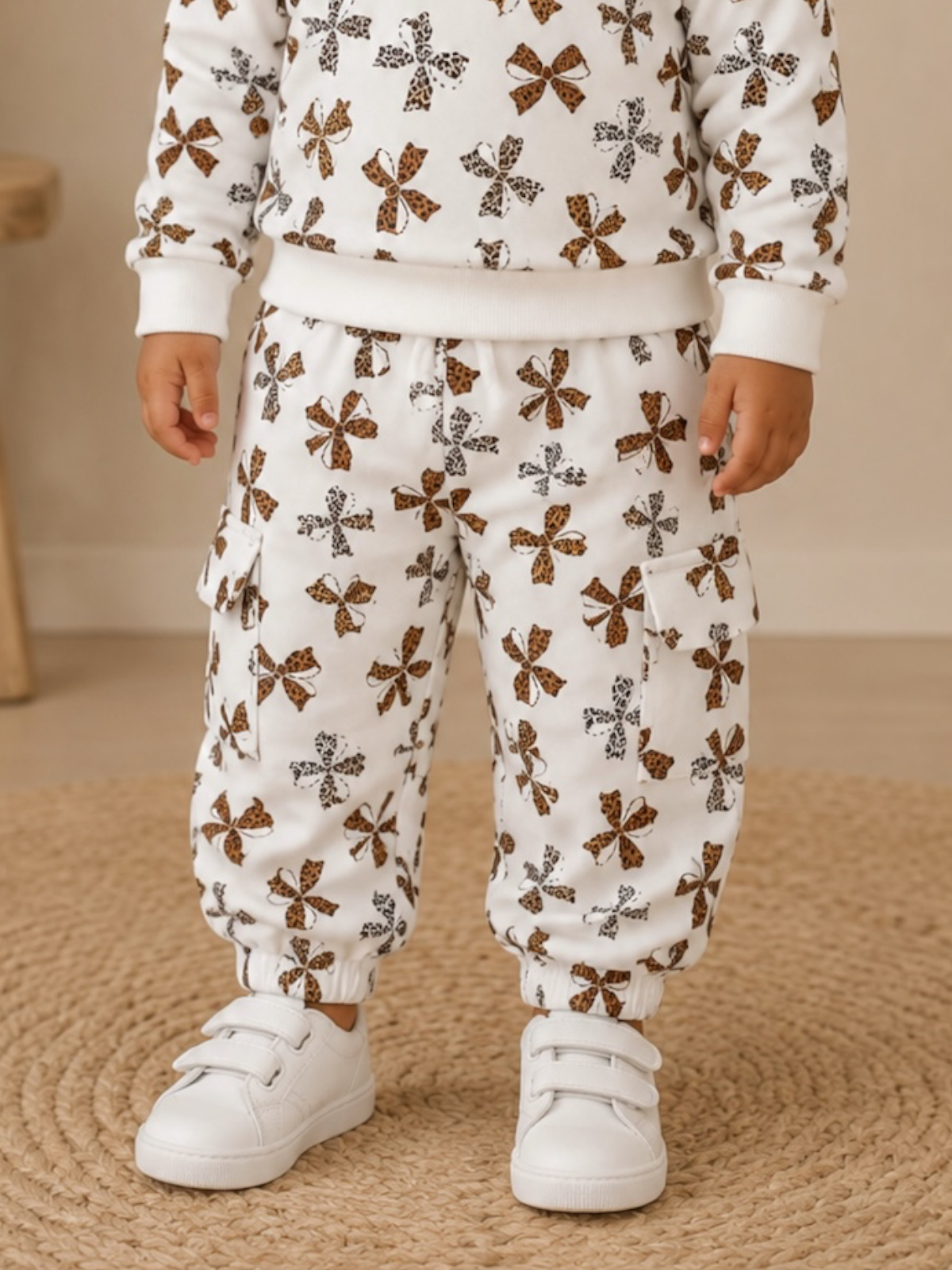 Child wearing a white outfit with a colorful butterfly pattern and white sneakers, standing on a textured rug.
