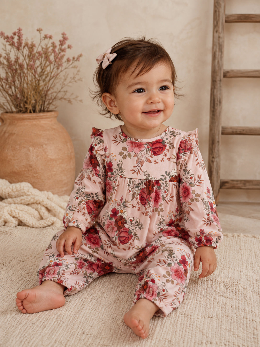Smiling toddler in floral pink romper, sitting on a textured rug with a natural background.