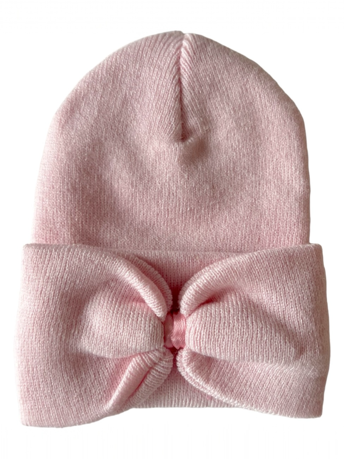 Light pink beanie hat with a decorative bow at the front, ideal for infants or stylish winter wear.