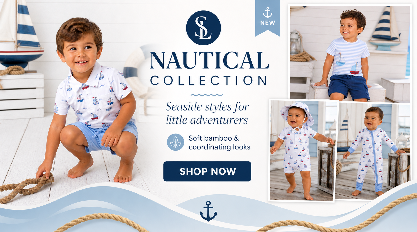 Children in nautical-themed clothing play, showcasing a collection of seaside styles. Soft, coordinating looks available.