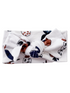 White headband with a knotted design, featuring colorful fruit and floral patterns.