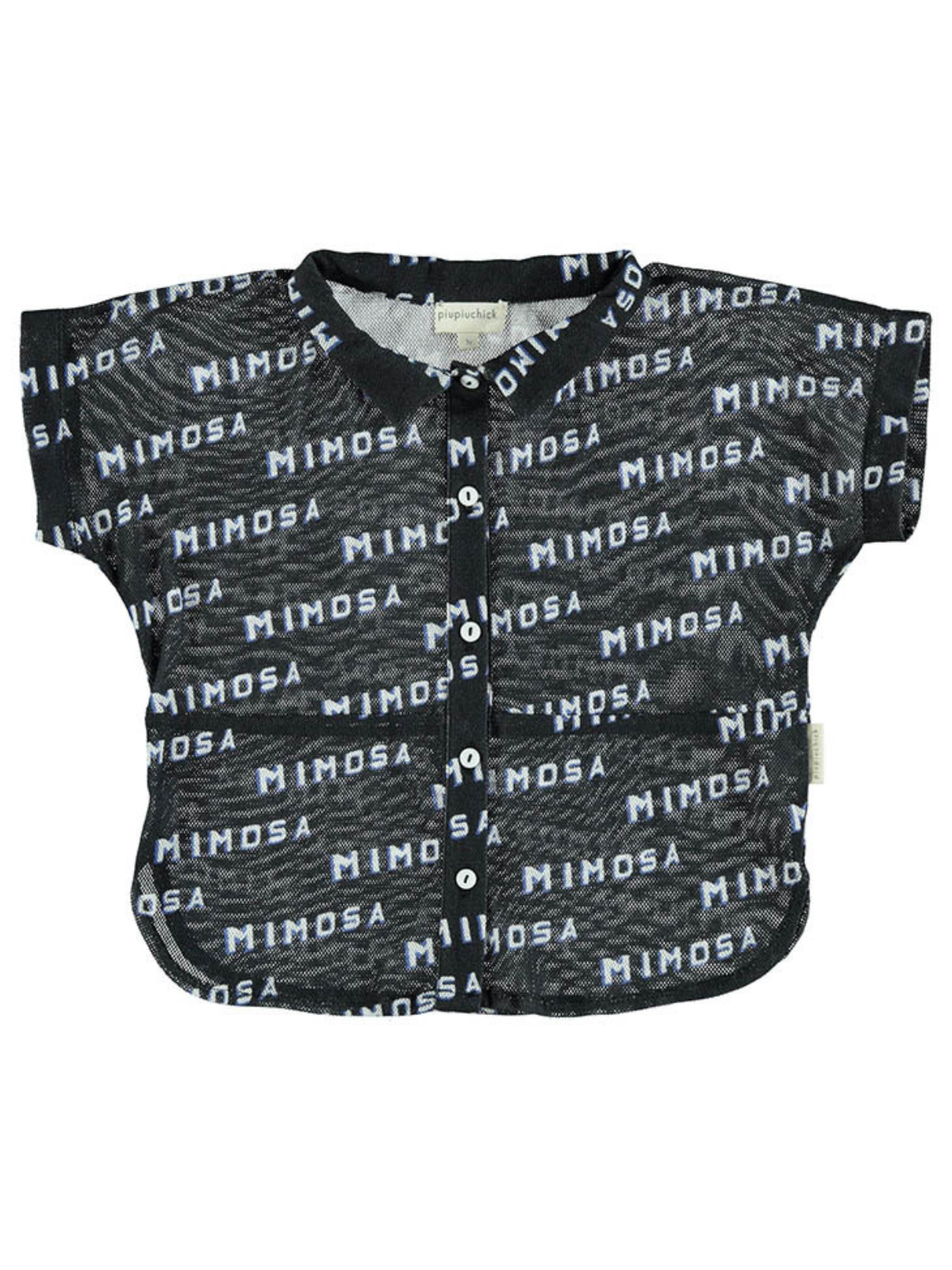 Black shirt featuring the word "Mimosa" in a repeated pattern, with buttons down the front and short sleeves.