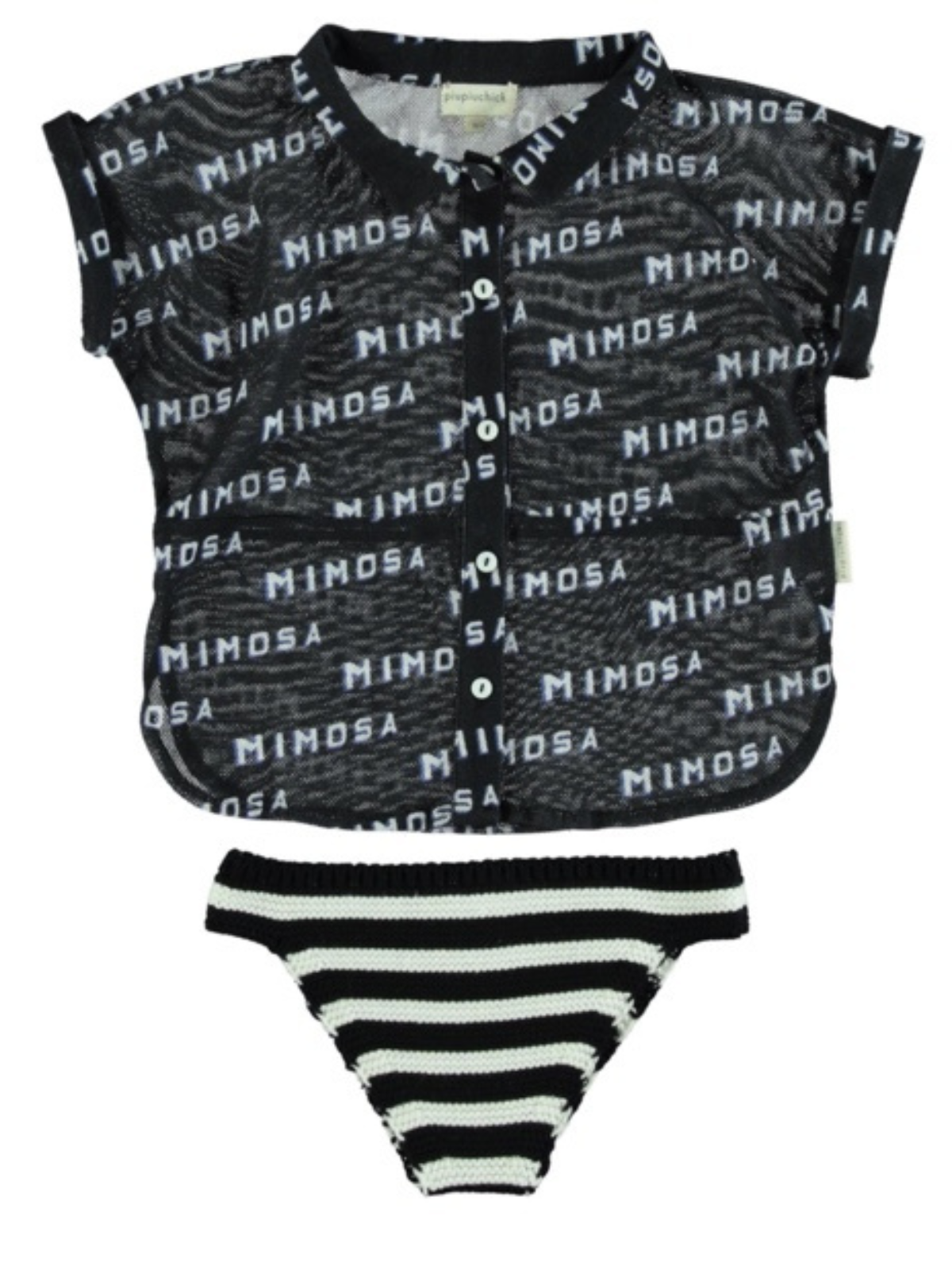 Black shirt with "MIMOSA" text and a striped black-and-white bikini bottom, laid flat on a white background.