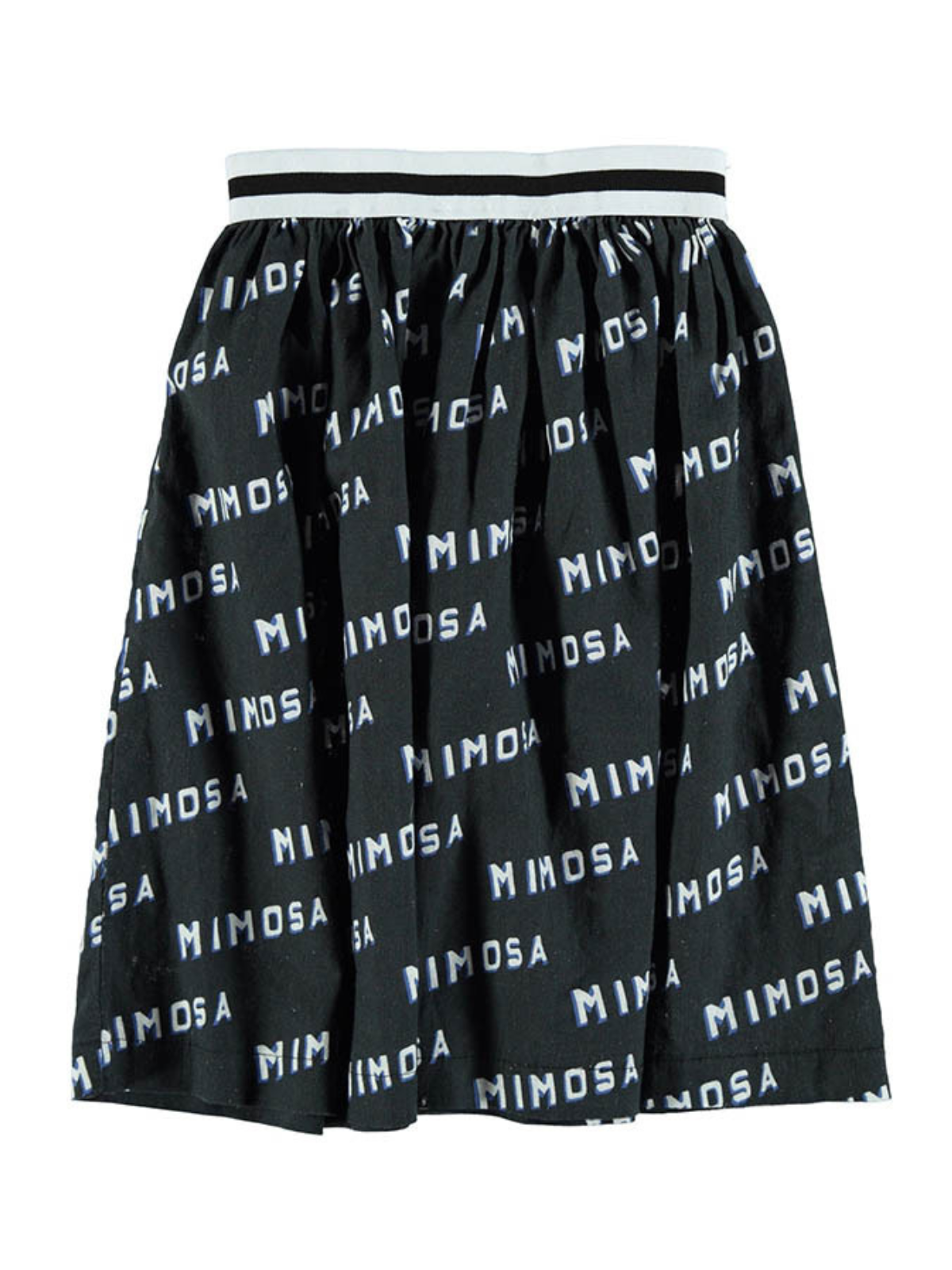 Black skirt with white "MIMOSA" text and an elastic waistband featuring a black and white striped detail.