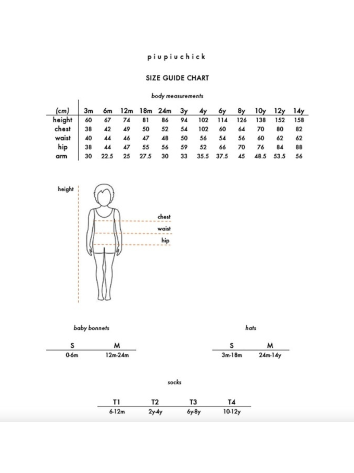 Size guide chart with body measurements for children, including height, chest, waist, hip, and arm sizes.