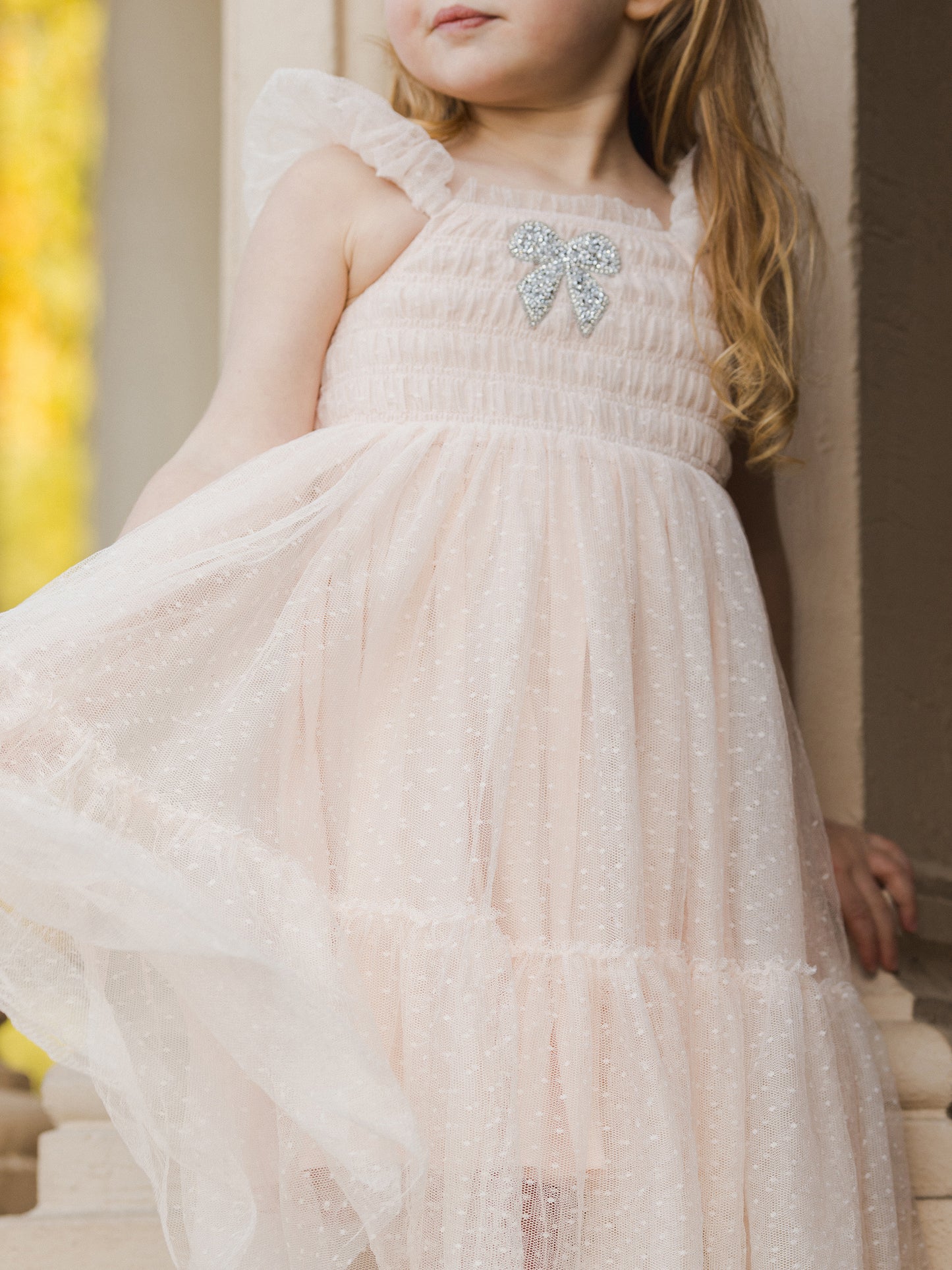 Young girl in a light pink dress with ruffles and a silver bow, standing elegantly against a soft background.