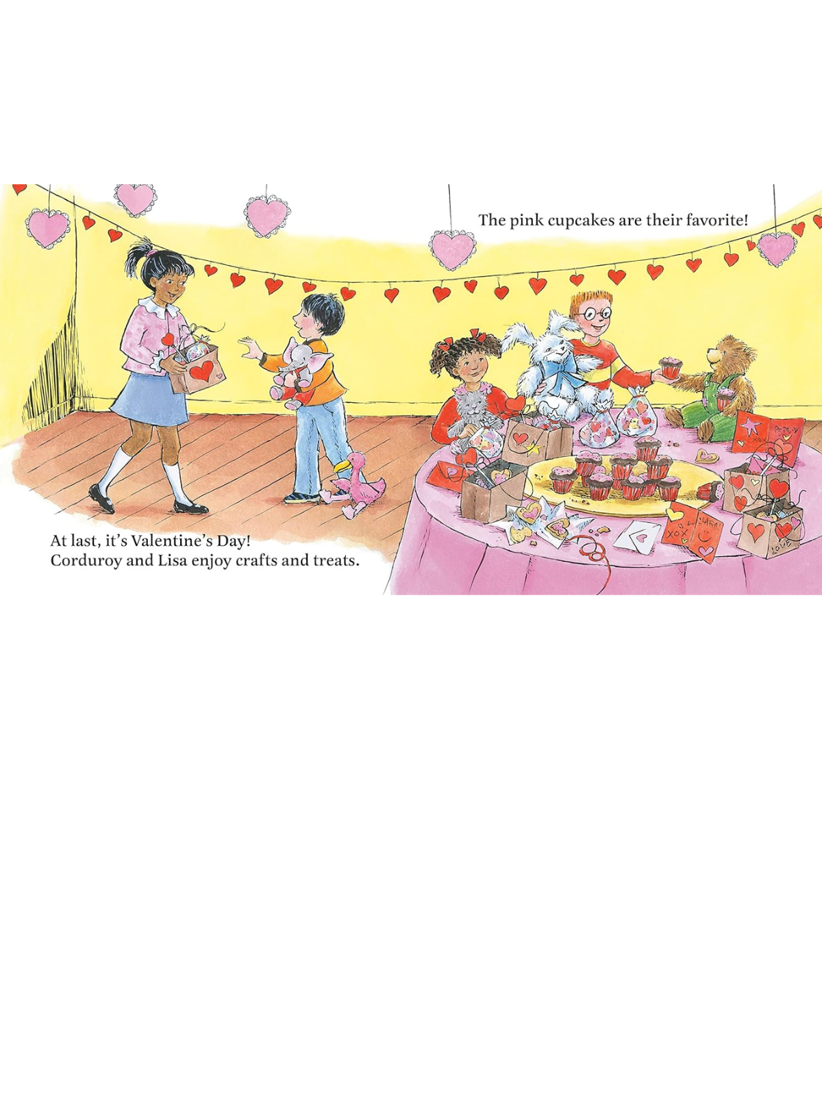 Children celebrate Valentine's Day with treats, crafts, and pink cupcakes at a festive party.