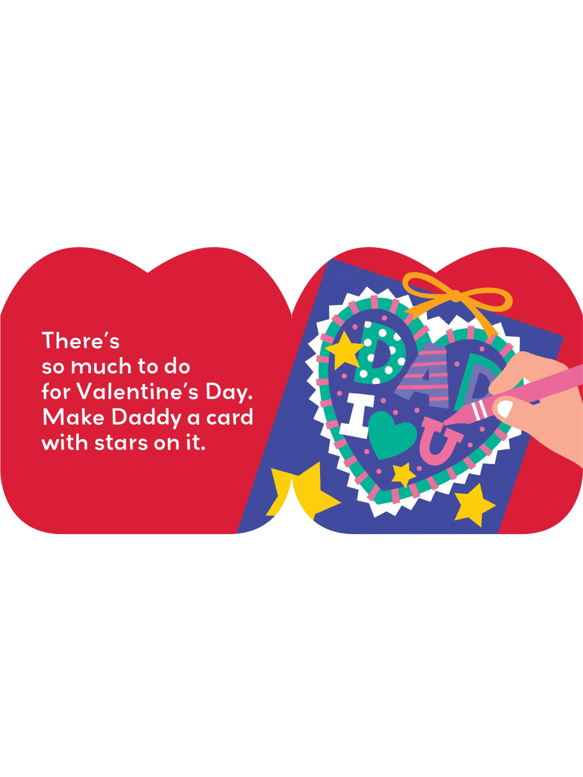 Valentine's Day card crafting scene with colorful heart, stars, and hand drawing "I ♥ U".
