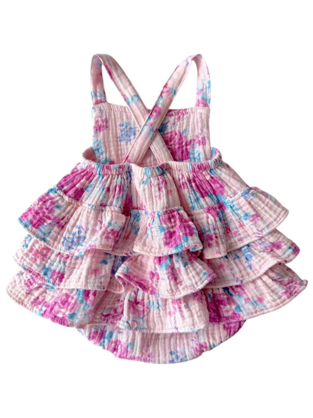 Floral baby dress with layers of ruffles in pink and blue, featuring crisscross straps at the back.