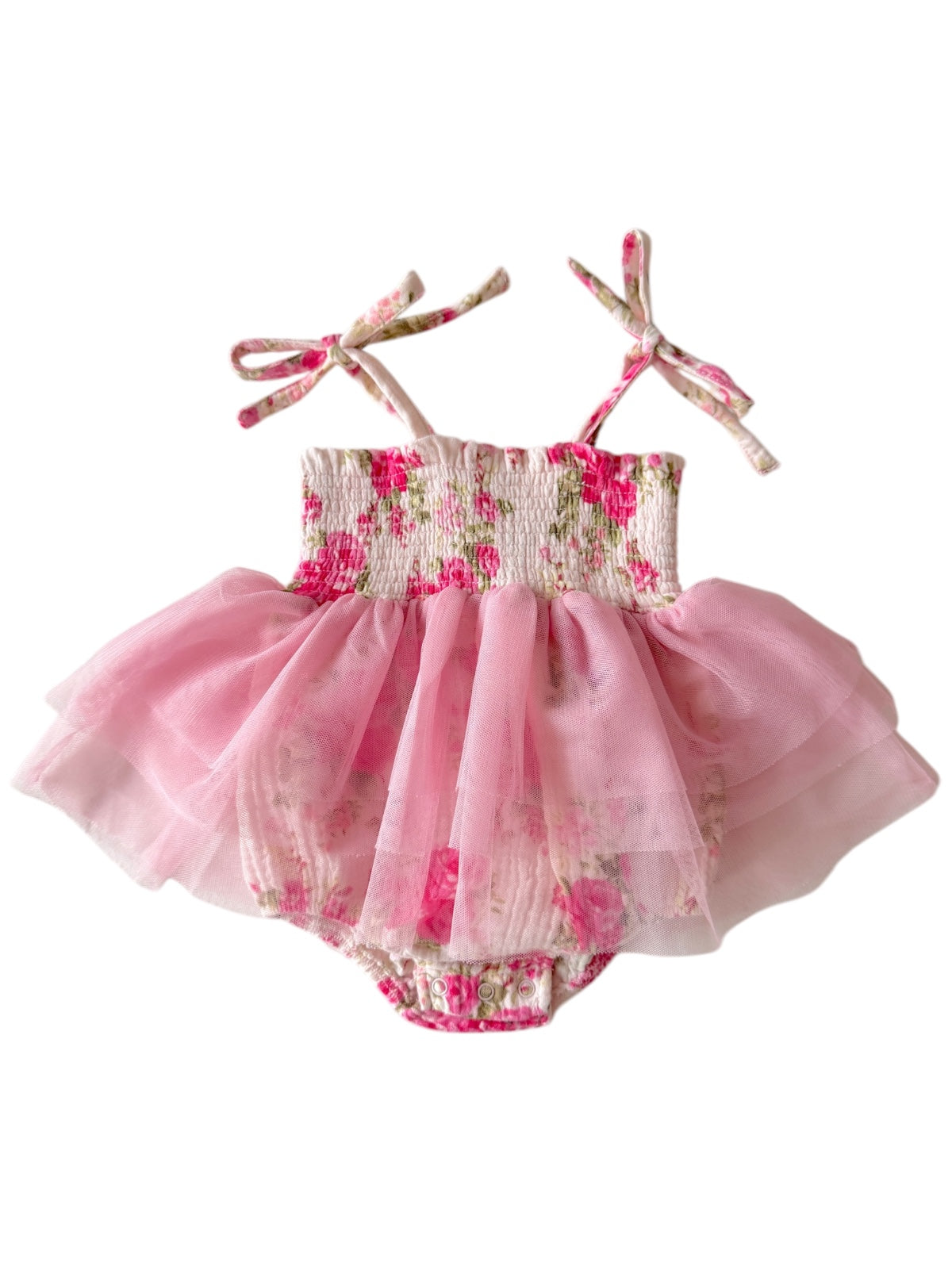 Pink floral baby dress with a tulle overlay and shoulder ties, perfect for special occasions.